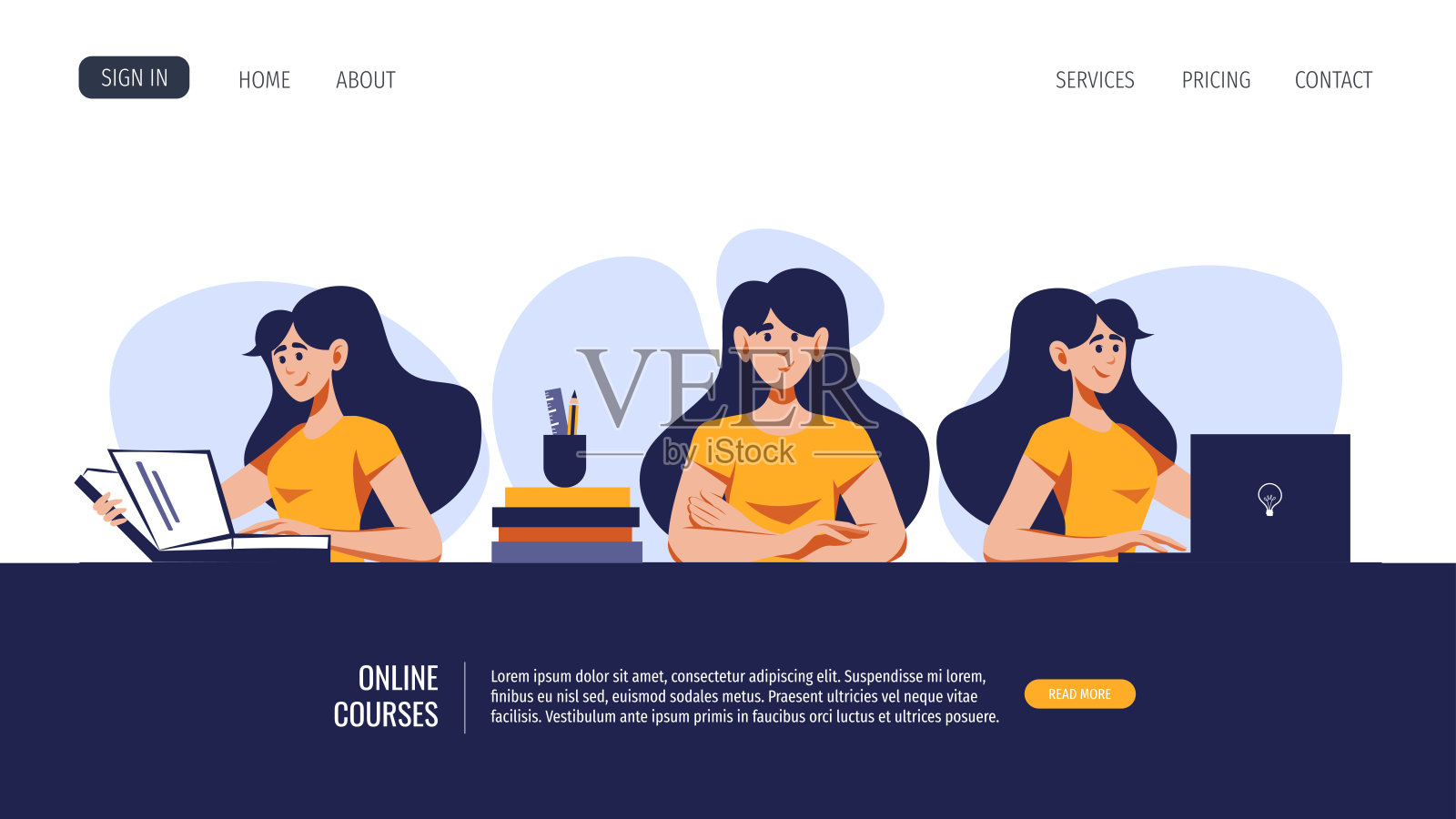 网页设计与女性看书，坐在书桌前，用笔记本电脑学习。插画图片素材