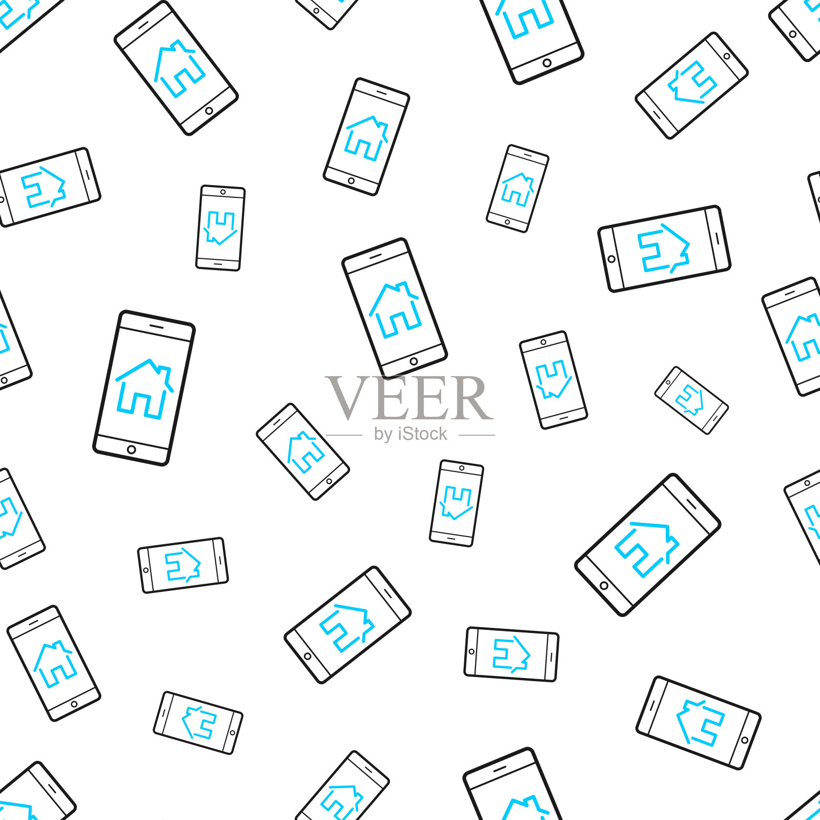 智能手机和智能家居。无缝模式。白色背景上的线条图标插画图片素材