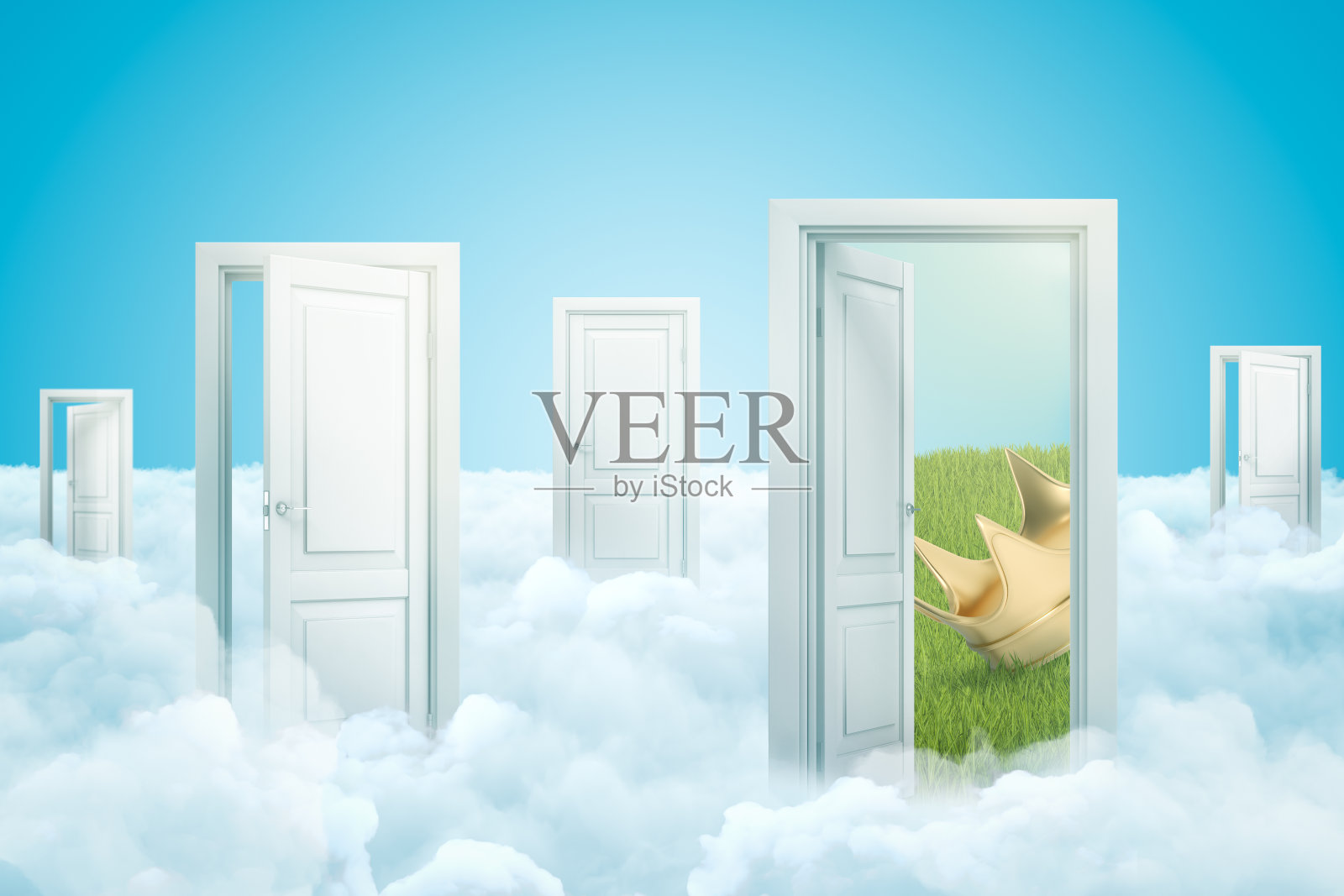 白云与开放的大门和金色皇冠在蓝色背景的3d渲染照片摄影图片