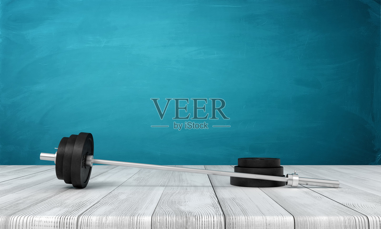 杠铃的3d渲染，一个重量板被取下，躺在靠近蓝墙的木制表面上，有复制空间。照片摄影图片