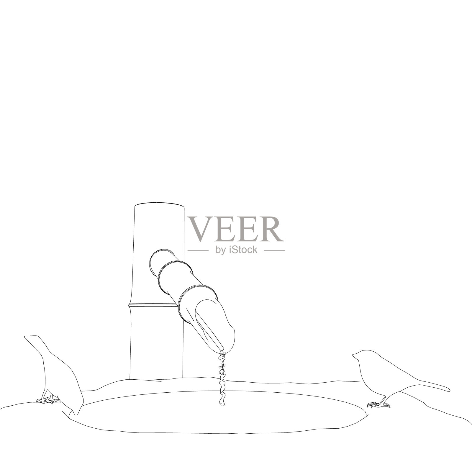 两只鸟坐在井里，从白色背景上孤立的黑线上喝水的轮廓。3 d。矢量插图。插画图片素材