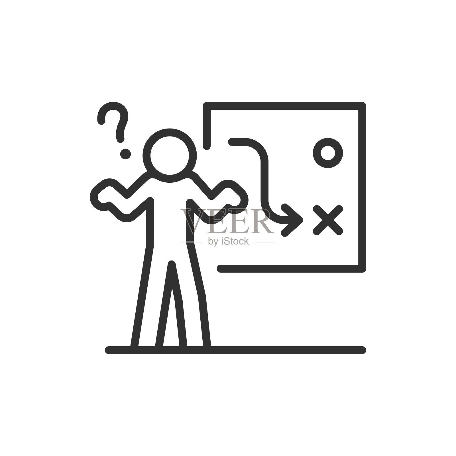 分析策略和错误决策，线性图标。一个人想知道，看着错误的战略路径导致失败。线条可编辑的笔画插画图片素材