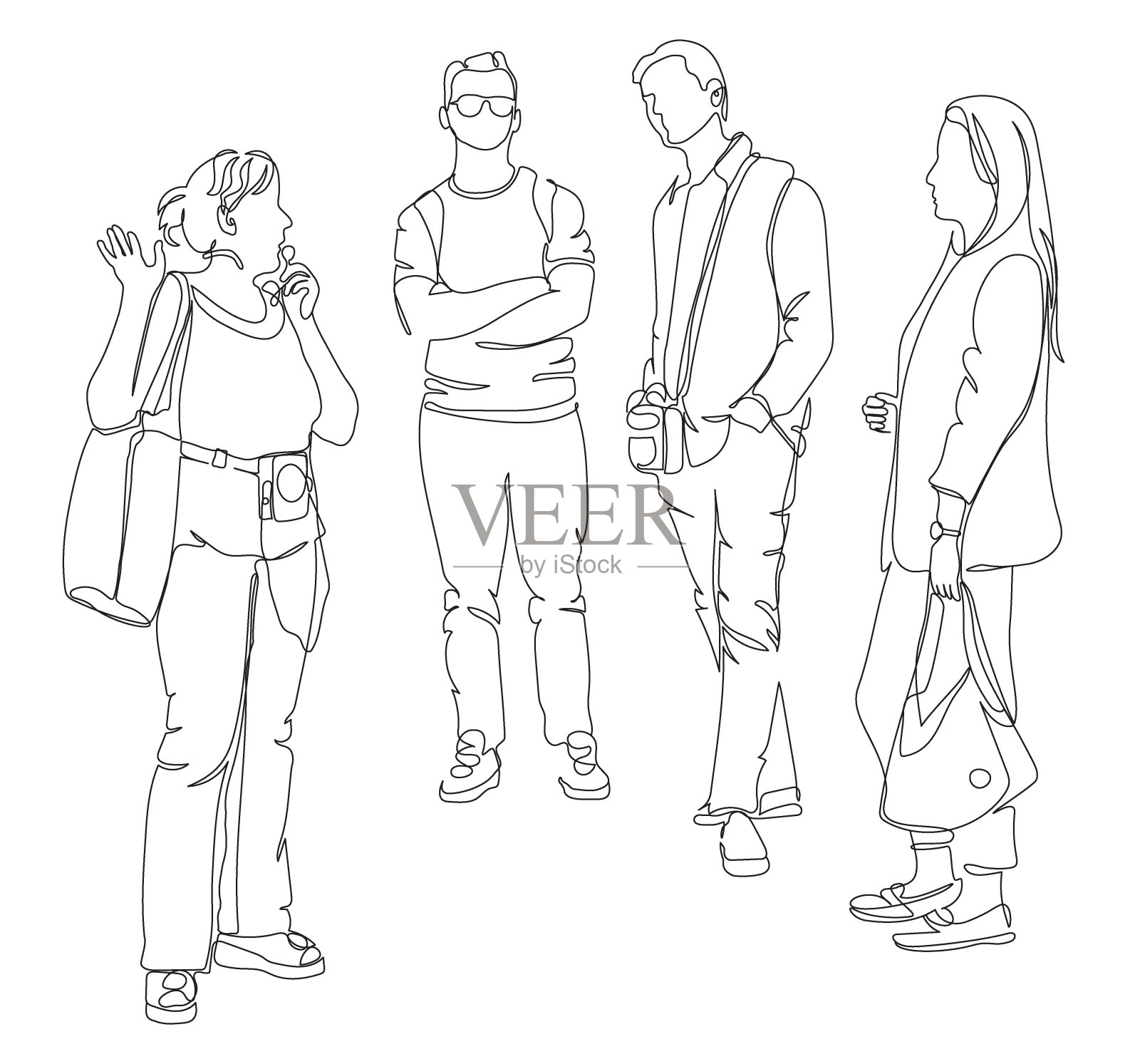 远足旅行。人们站着听导游讲解。连续线条绘制。黑白矢量插图在线艺术风格。插画图片素材