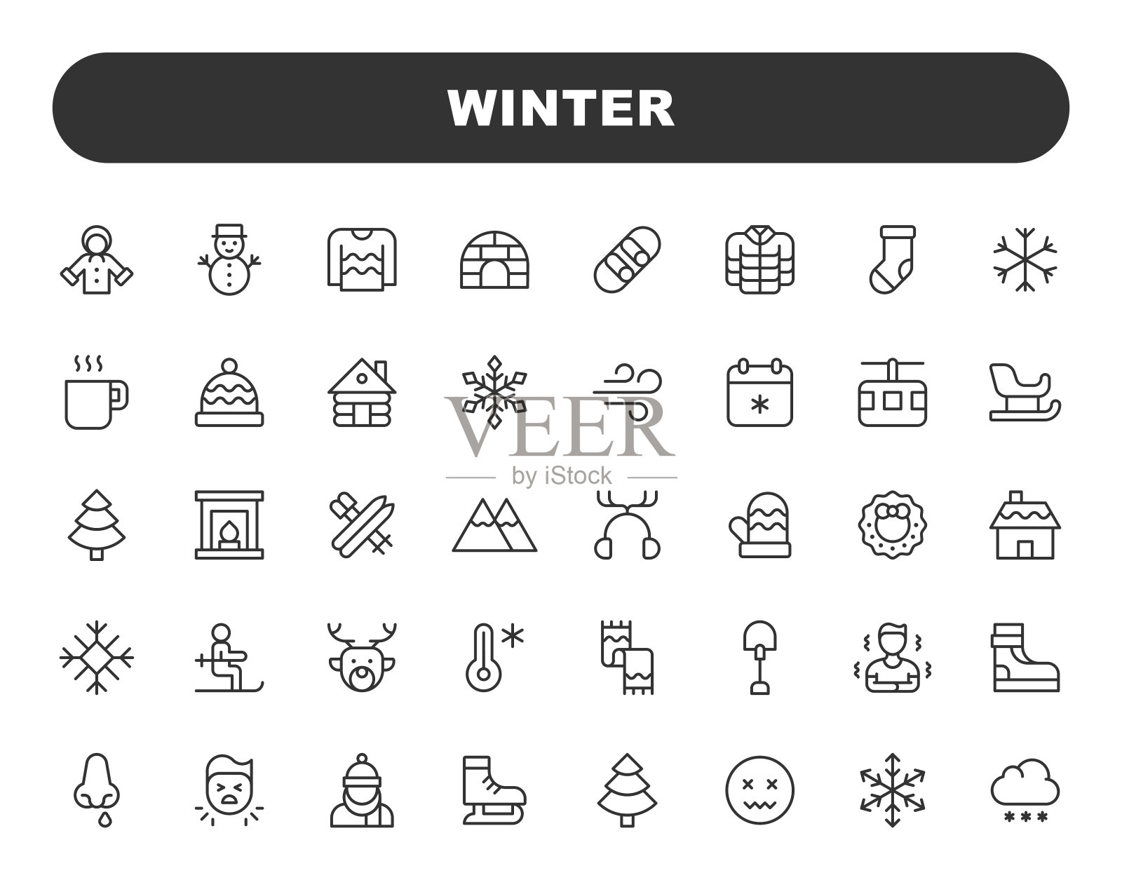 冬季线条图标。可编辑的笔触，包含这样的图标，服装，寒冷的温度，围巾，季节，雪，雪花，运动，毛衣，冬季帽子，夹克。插画图片素材