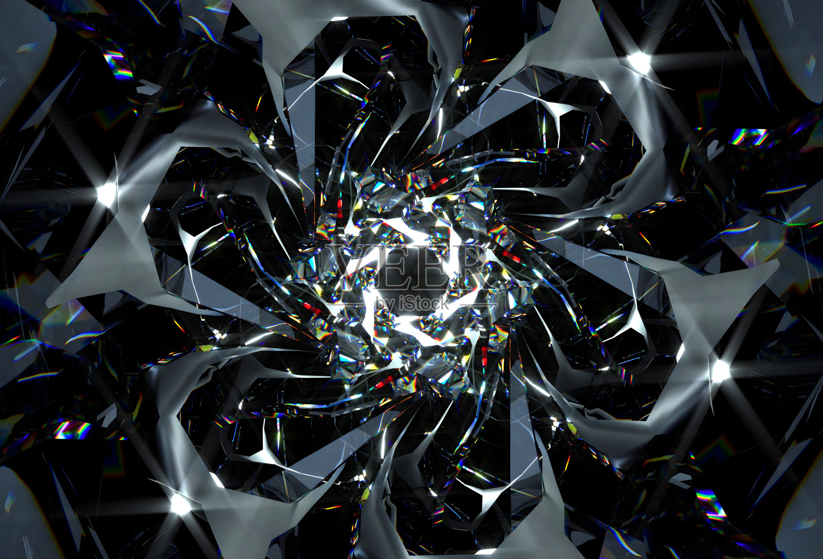 三维渲染抽象艺术与变换旋转分形钻石晶体异形星花在曲线线形成的玻璃材料与色散效果的黑色背景，基于矩形照片摄影图片
