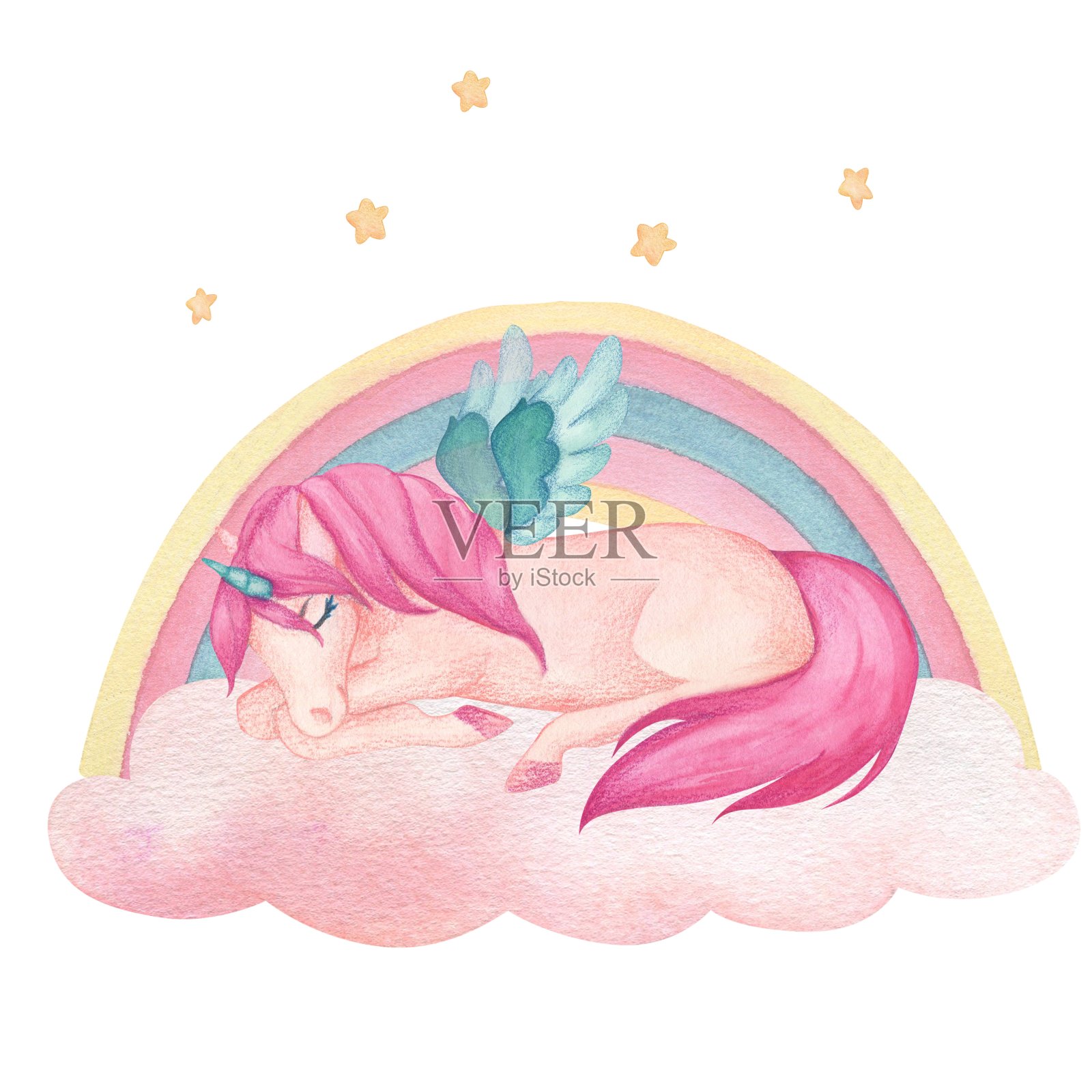 一只可爱的睡着的独角兽的水彩插图，翅膀在粉红色和绿松石色的星星和彩虹上。孩子们的童话卡通人物插画图片素材