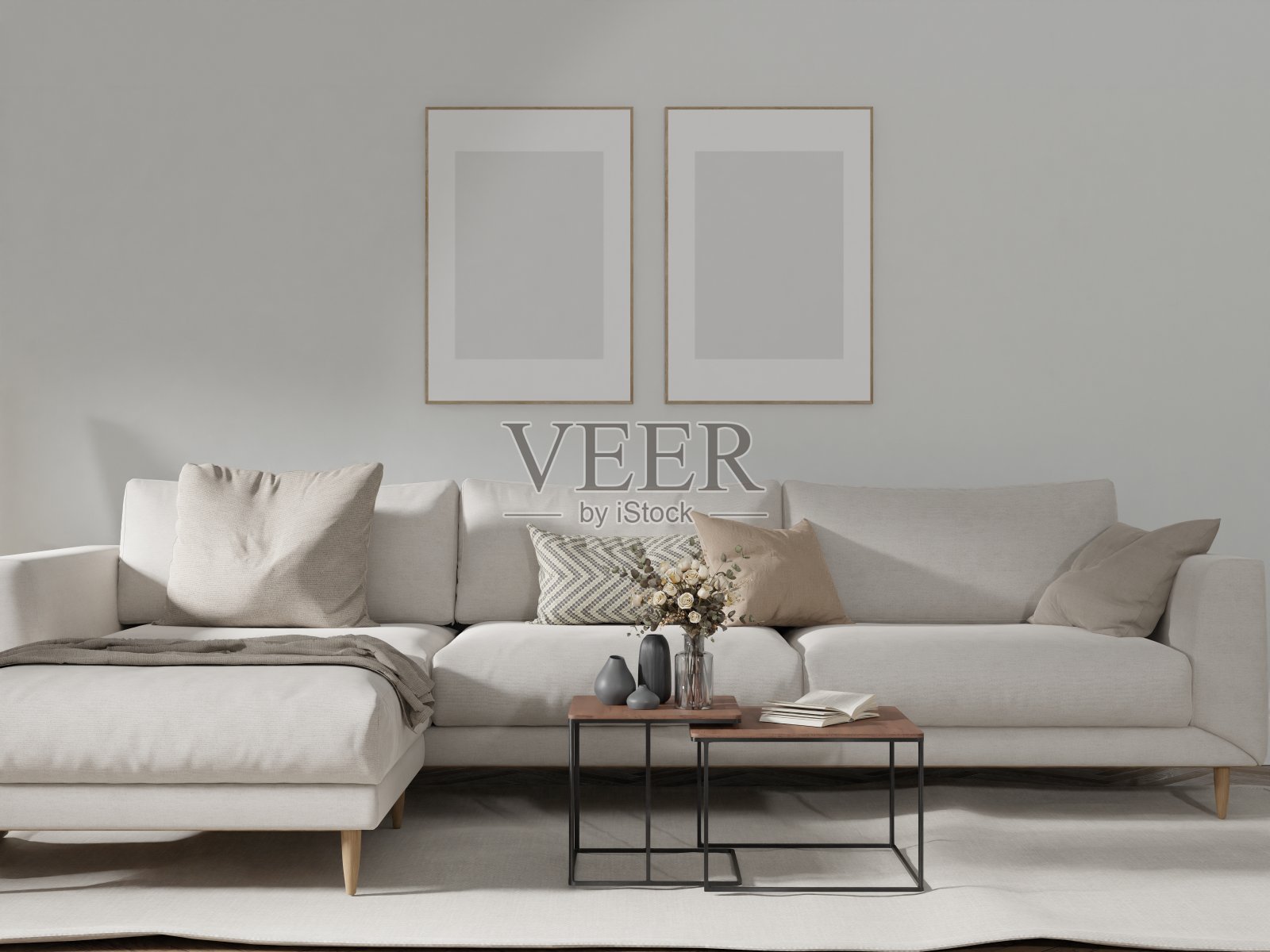 实景海报两个木框架在空画客厅室内垂直木地板有一个沙发在插图3d渲染。照片摄影图片