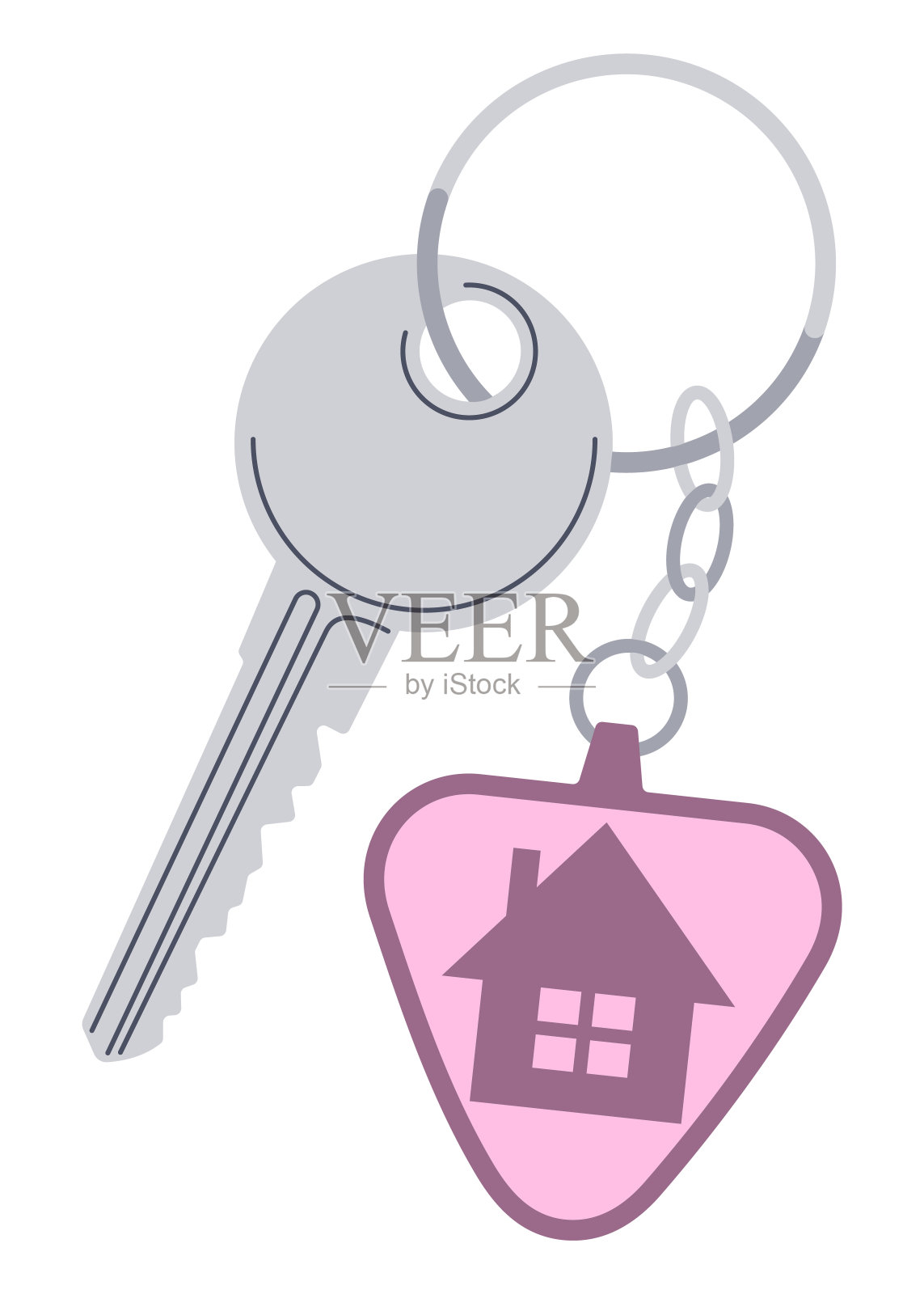 门钥匙钥匙卡。戒指与饰品，钥匙扣塑料标签挂在钥匙扣。房子，公寓或房间锁配件。卡通平面矢量隔离在白色背景上插画图片素材