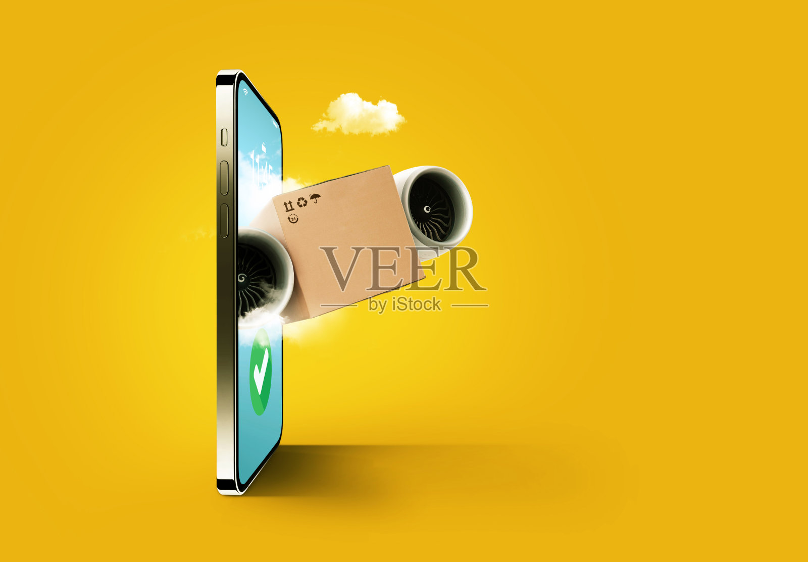 网上购物和送货，概念。手机和包裹盒子都带着涡轮机飞了出来。照片摄影图片