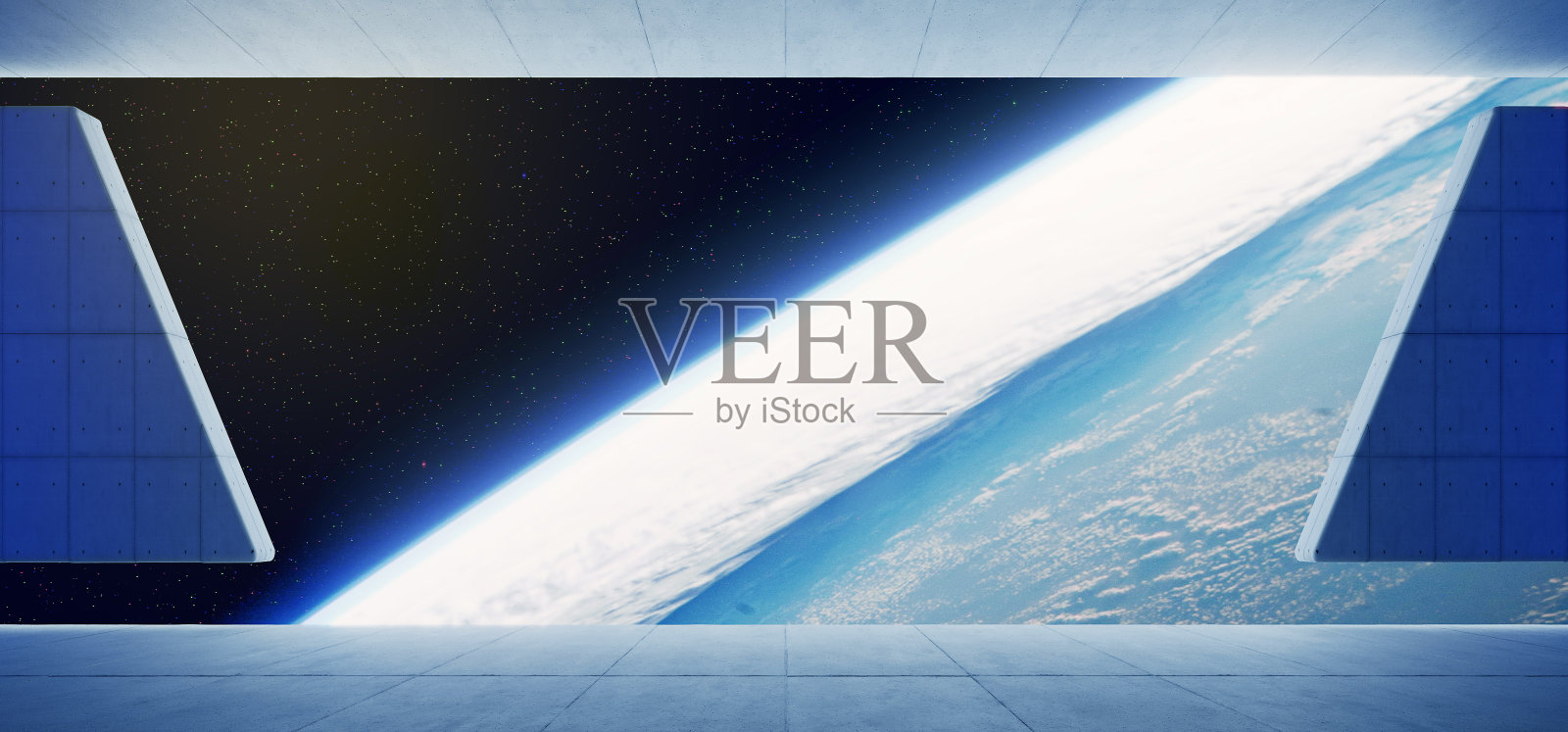 未来主义科幻宇宙飞船站殖民空间掩体混凝土水泥建筑全景地球星星视图逼真的陈列室3D渲染照片摄影图片