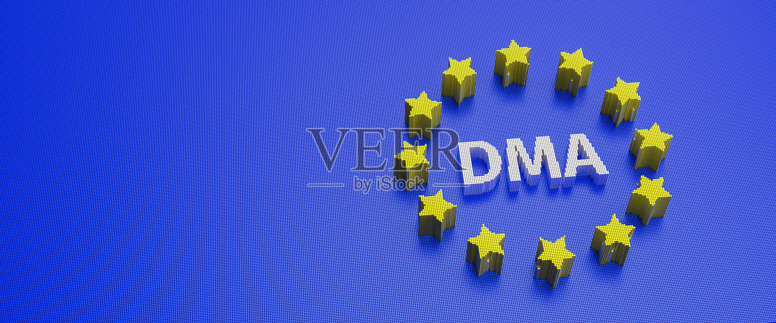 欧洲数字市场法案概念。字母DMA被黄色星星包围，就像蓝色背景的欧洲国旗一样。代表立法的数字性质的引脚。照片摄影图片