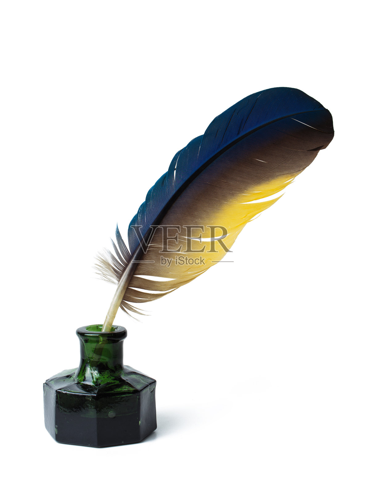 墨水瓶里的羽毛。书法，老式教育，老式字体。羽毛笔和一瓶墨水照片摄影图片