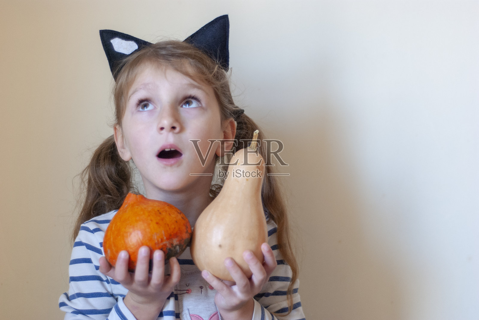 万圣节的小猫咪和明亮的小南瓜。照片摄影图片