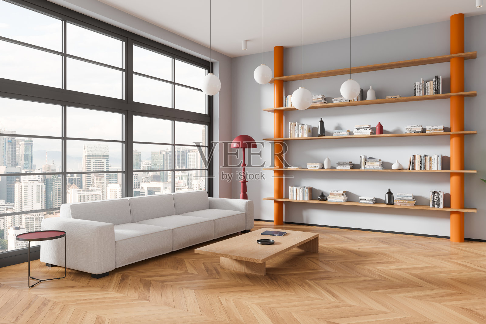 灰色的客厅角落，沙发和书柜照片摄影图片