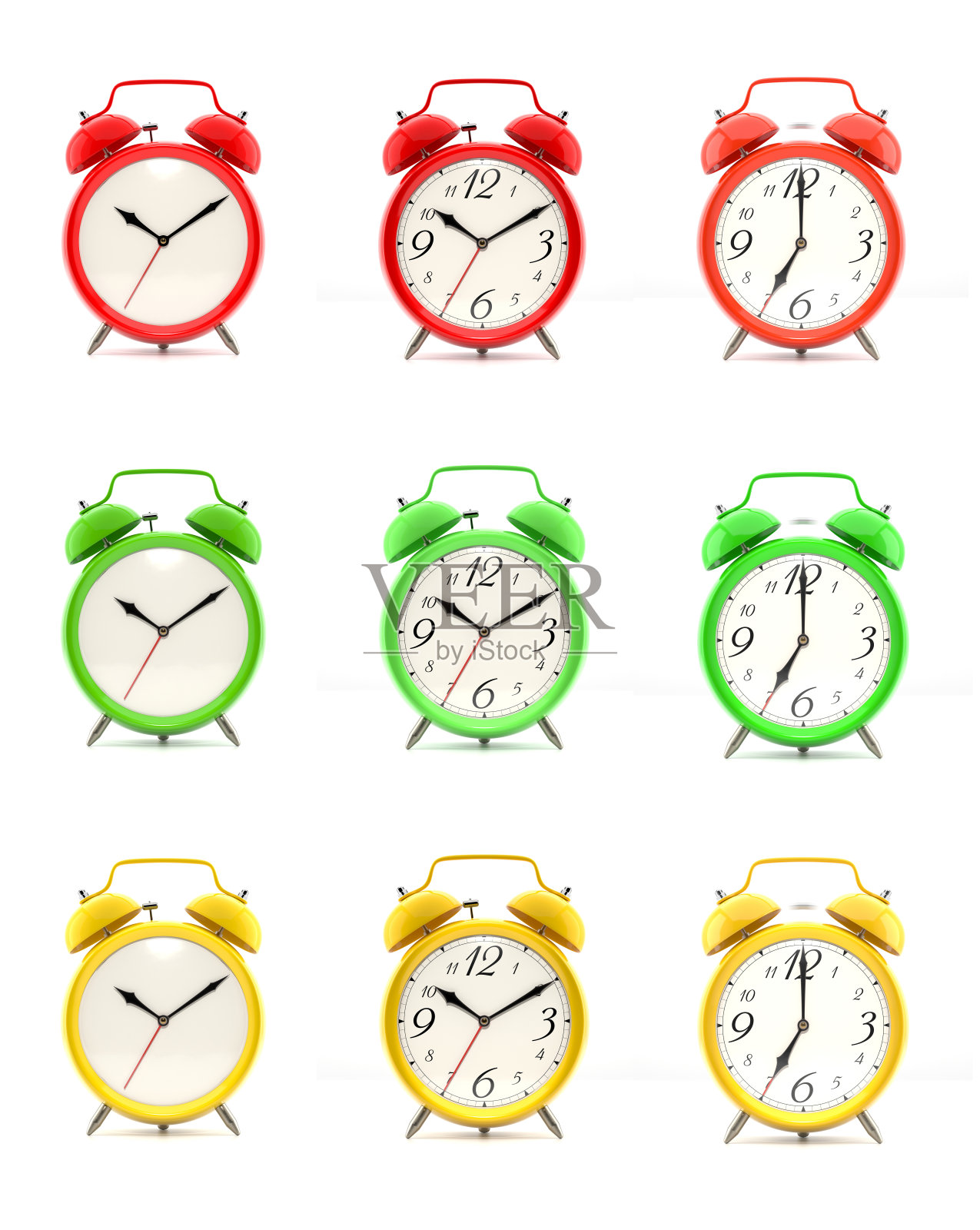 一组9个闹钟隔离在白色背景，3D插图照片摄影图片