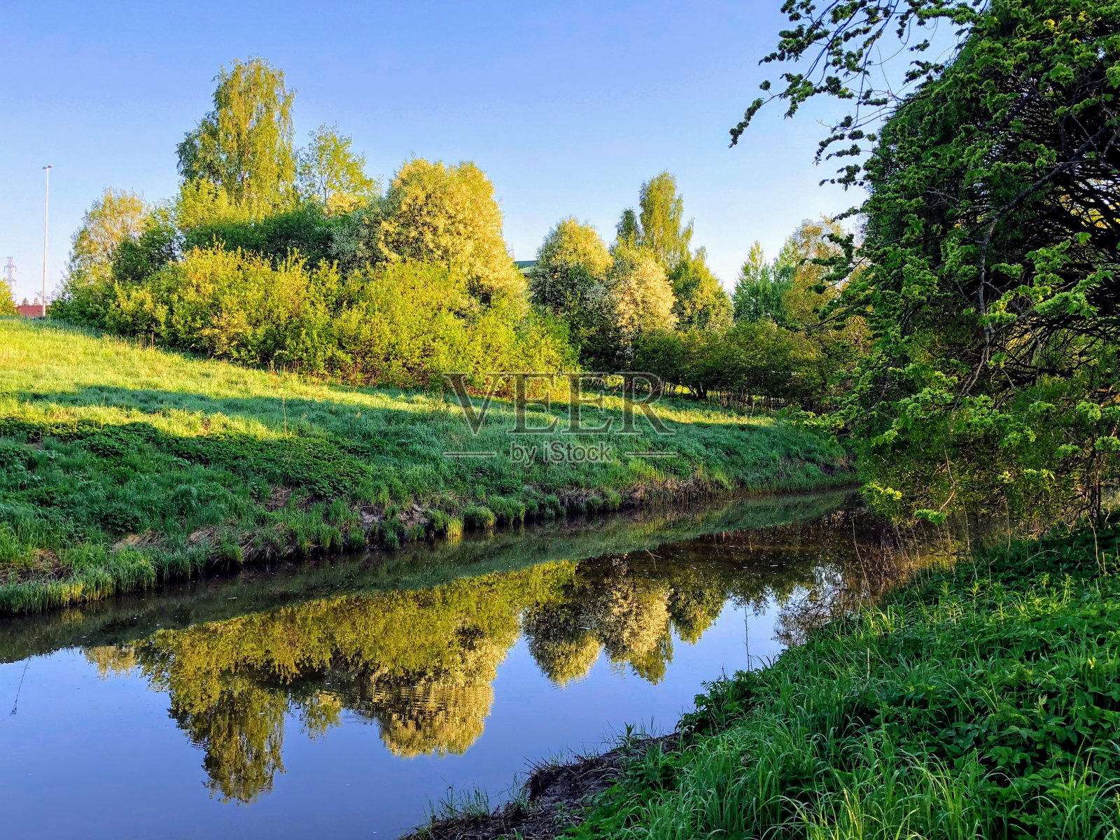 翠绿的倒影:一个郁郁葱葱的春天景观与一个平静的河流反映了新鲜的绿叶和草在早晨的阳光温暖的光照片摄影图片