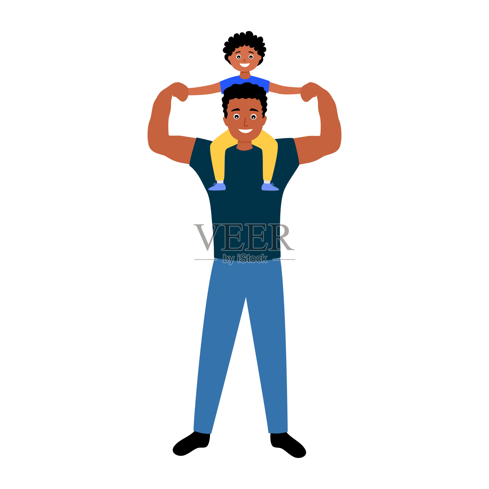 父亲节快乐概念矢量插图。非洲爸爸用扁平的设计把儿子背在肩上。插画图片素材