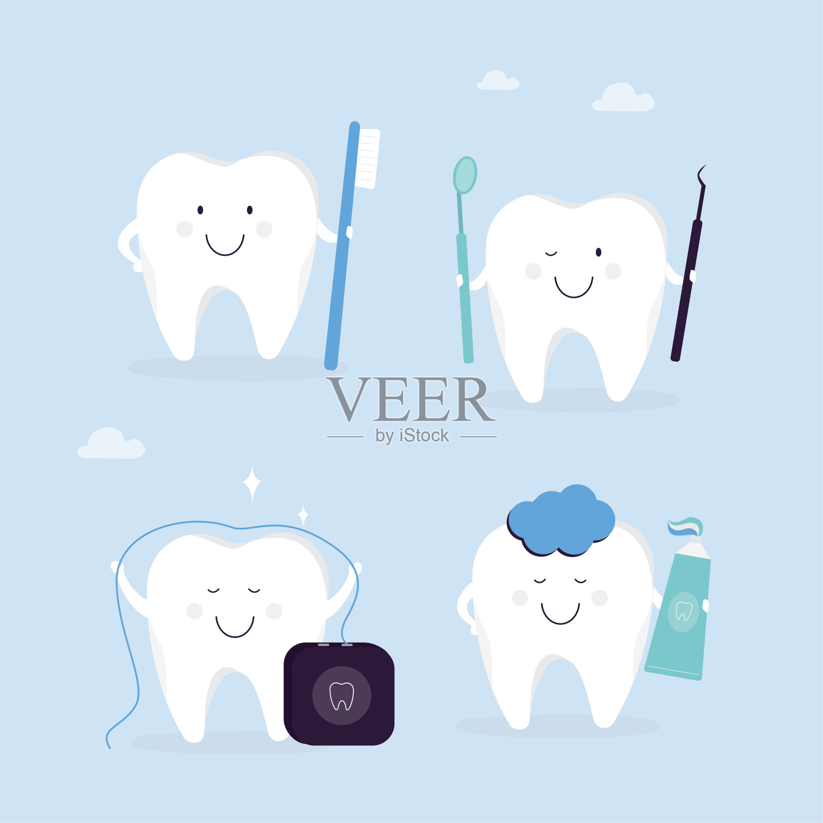卡通牙齿保健卫生概念。有牙线、牙刷和牙膏的幸福牙齿。治疗和卫生。口腔护理。插画图片素材