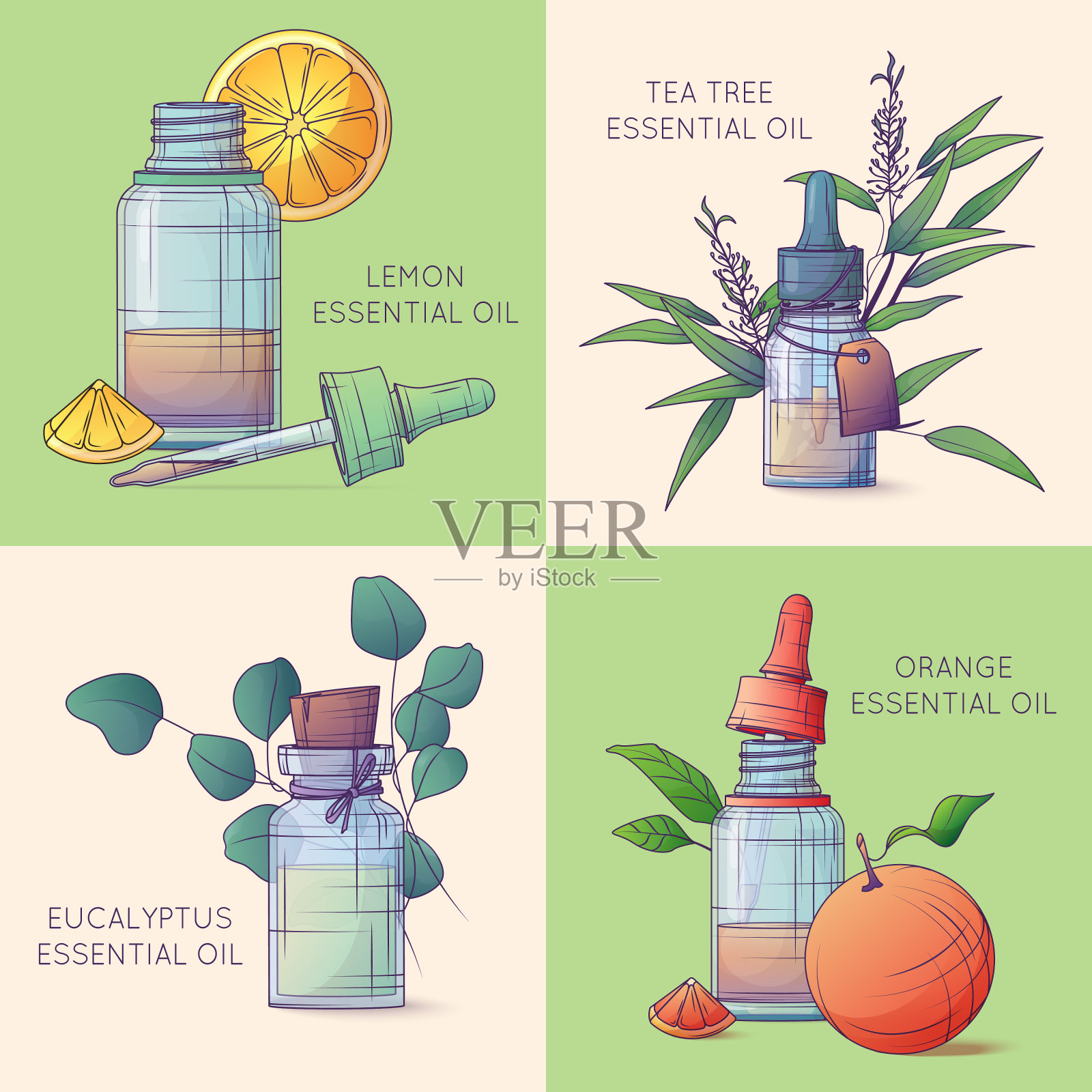 一组矢量插图的玻璃瓶与精油。插画图片素材