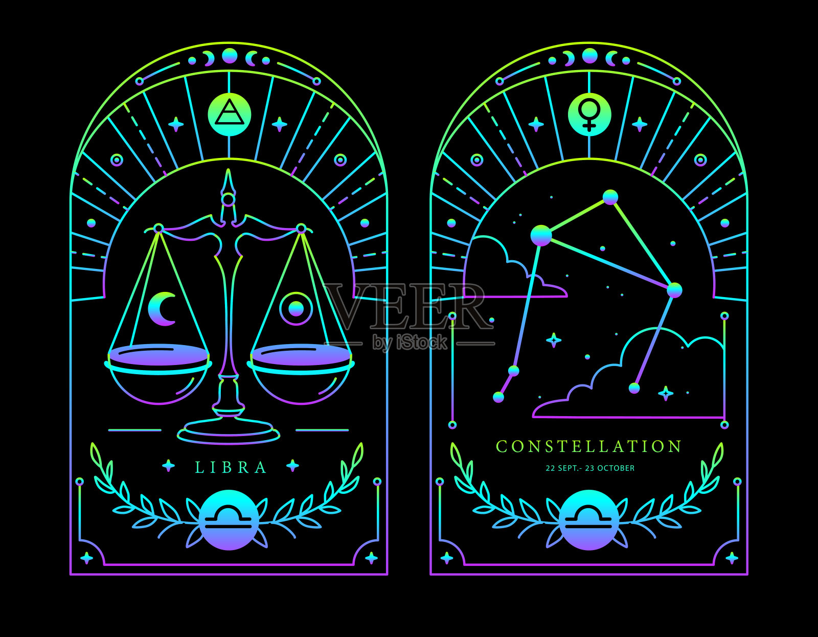 一套现代魔法荧光巫术卡与占星术天秤座星座的特点。矢量图插画图片素材