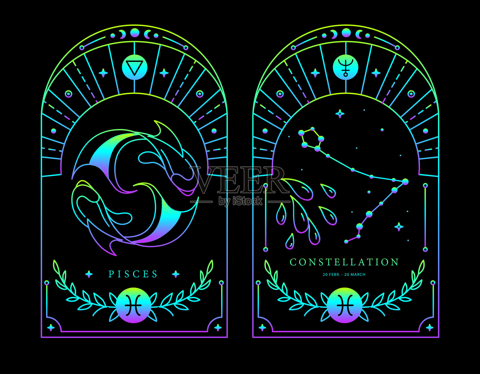 一套现代魔法荧光巫术卡与占星术双鱼座星座的特点。矢量图插画图片素材