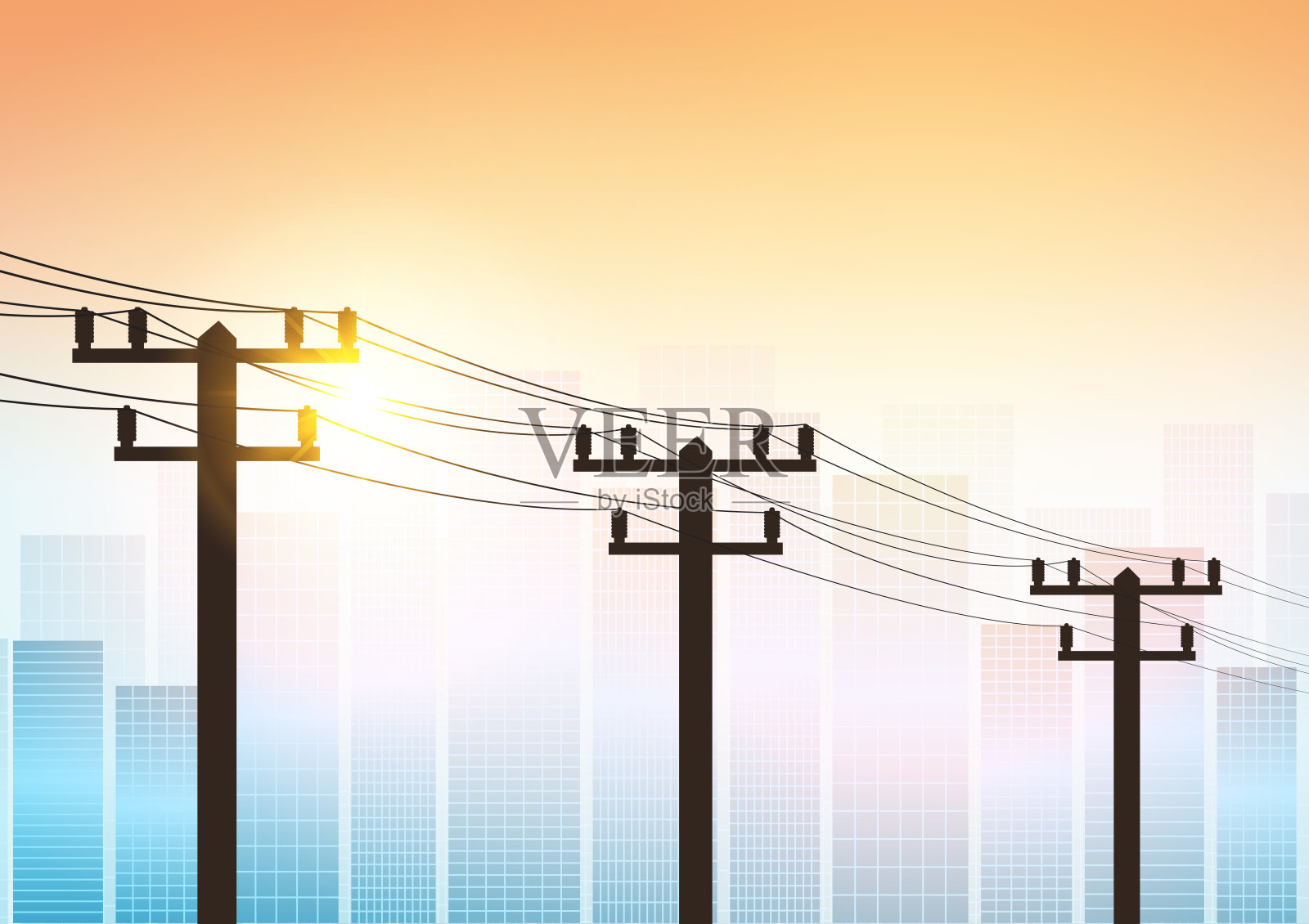 电线杆对着夕阳。电塔。电力传输。高压塔。插画图片素材