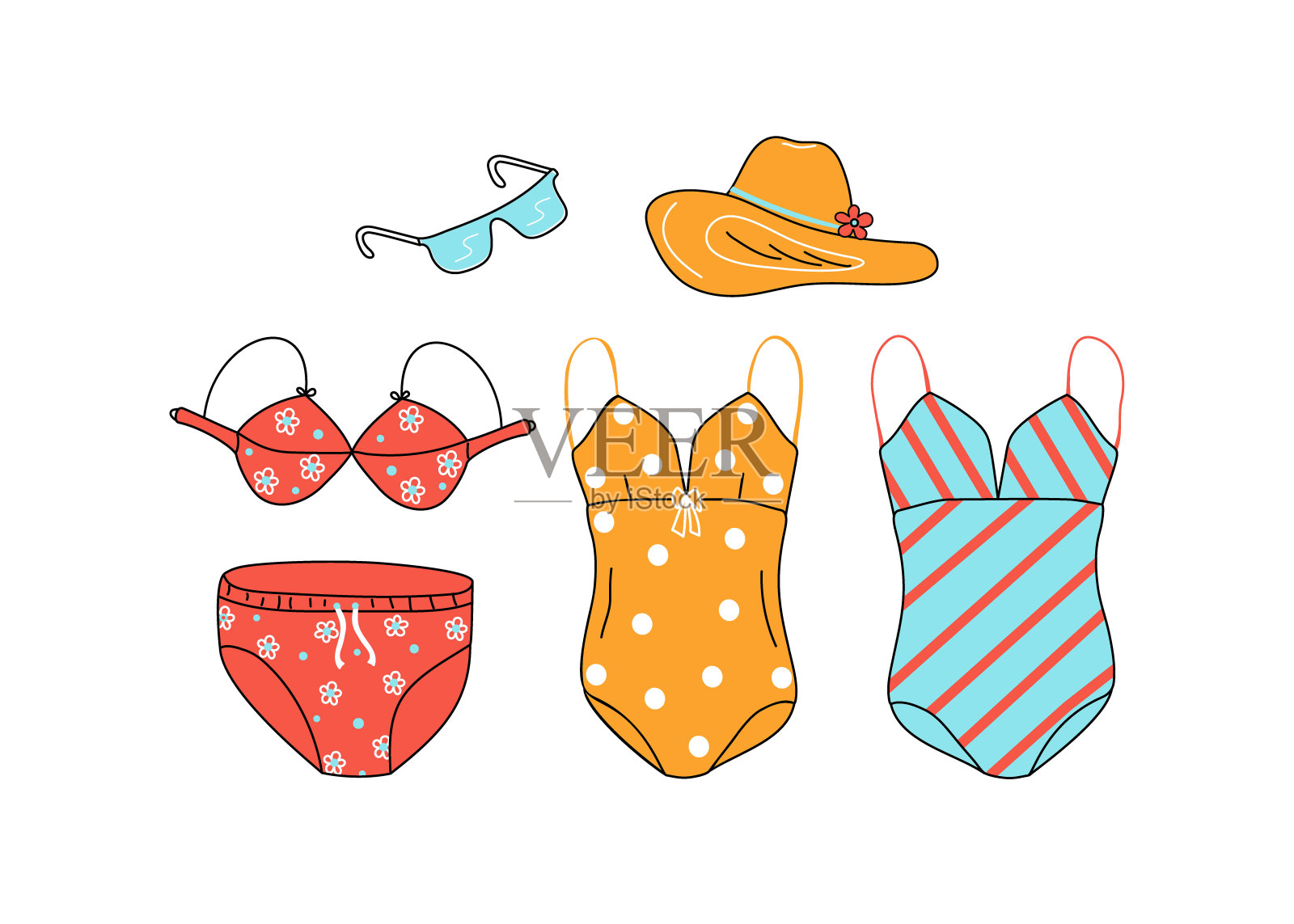 去海滩的夏装。一套明亮的泳衣，适合沙滩和游泳池，涂鸦。女人的集合。矢量插图上的白色孤立的背景。插画图片素材
