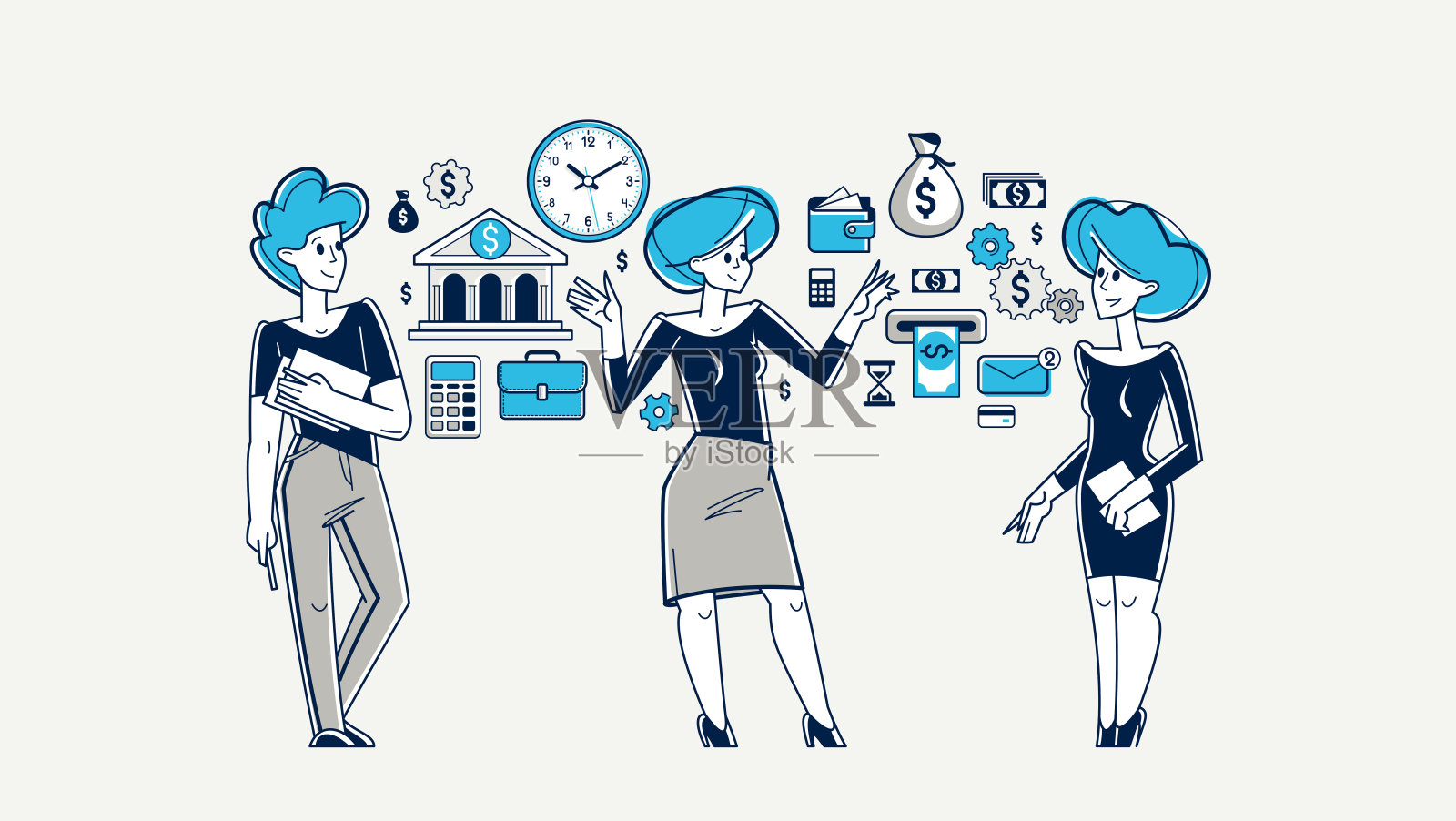 忙于商业团队工作的一些商业项目矢量轮廓插图，企业家分析财务数据，团队合作。插画图片素材