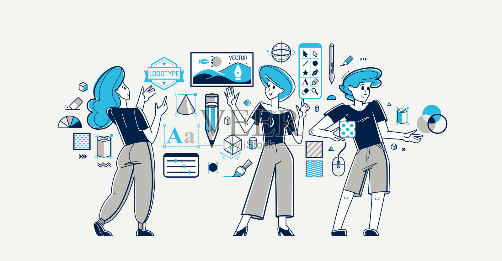 平面设计师团队在一些创意项目矢量大纲插图上工作，启发数字艺术家在pc软件上做一些视觉工作，作曲和编辑。插画图片素材