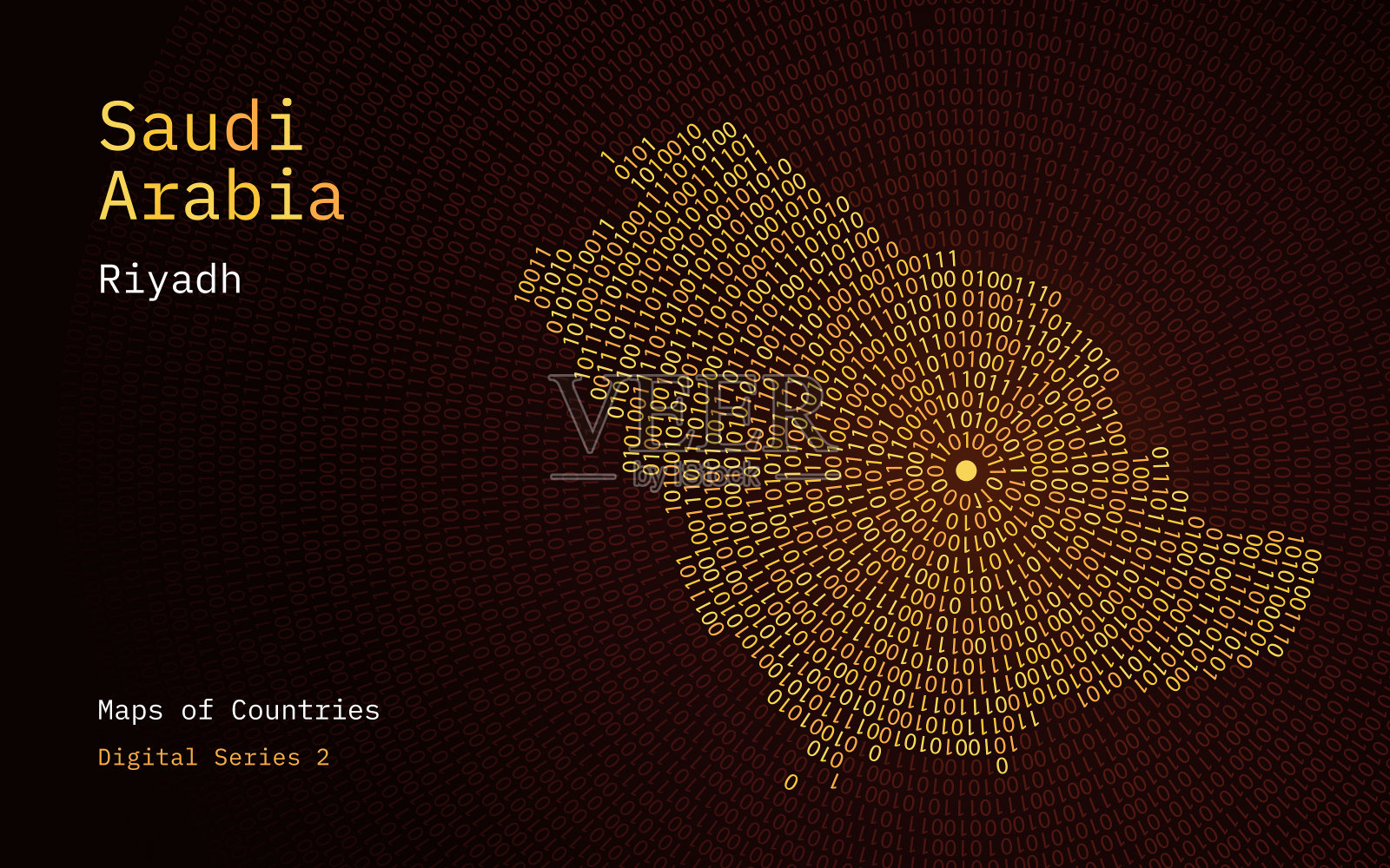 沙特阿拉伯的一幅地图，用0和1画成圆形。首都利雅得位于圆圈的中心插画图片素材