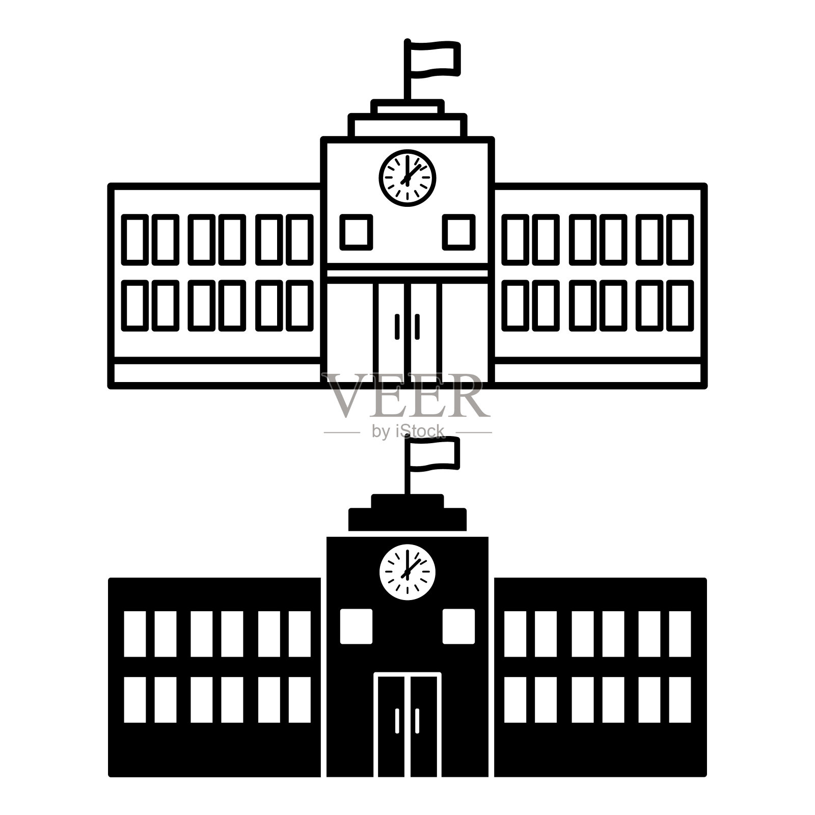 大学图标。现代大学建筑的黑白矢量图标。大学、中学、研究所。教育与建筑理念插画图片素材