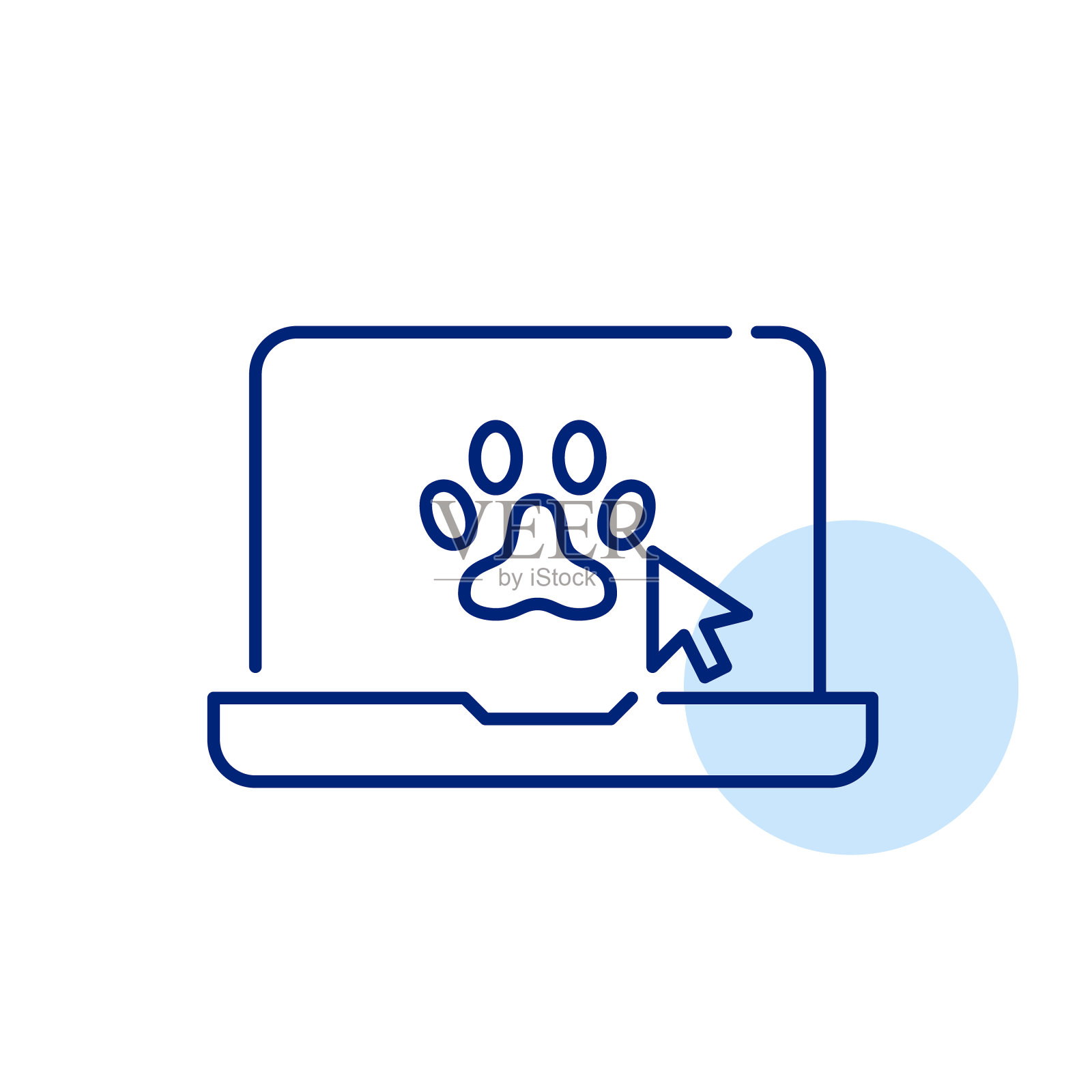 带有笔记本电脑、爪子和鼠标点击的图标，表示可以轻松在线访问兽医服务。像素完美矢量图标插画图片素材