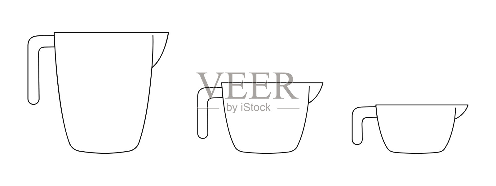 一套没有容量刻度的量杯图标。用于烹饪的空液体容器被隔离在白色背景上。矢量轮廓图插画图片素材