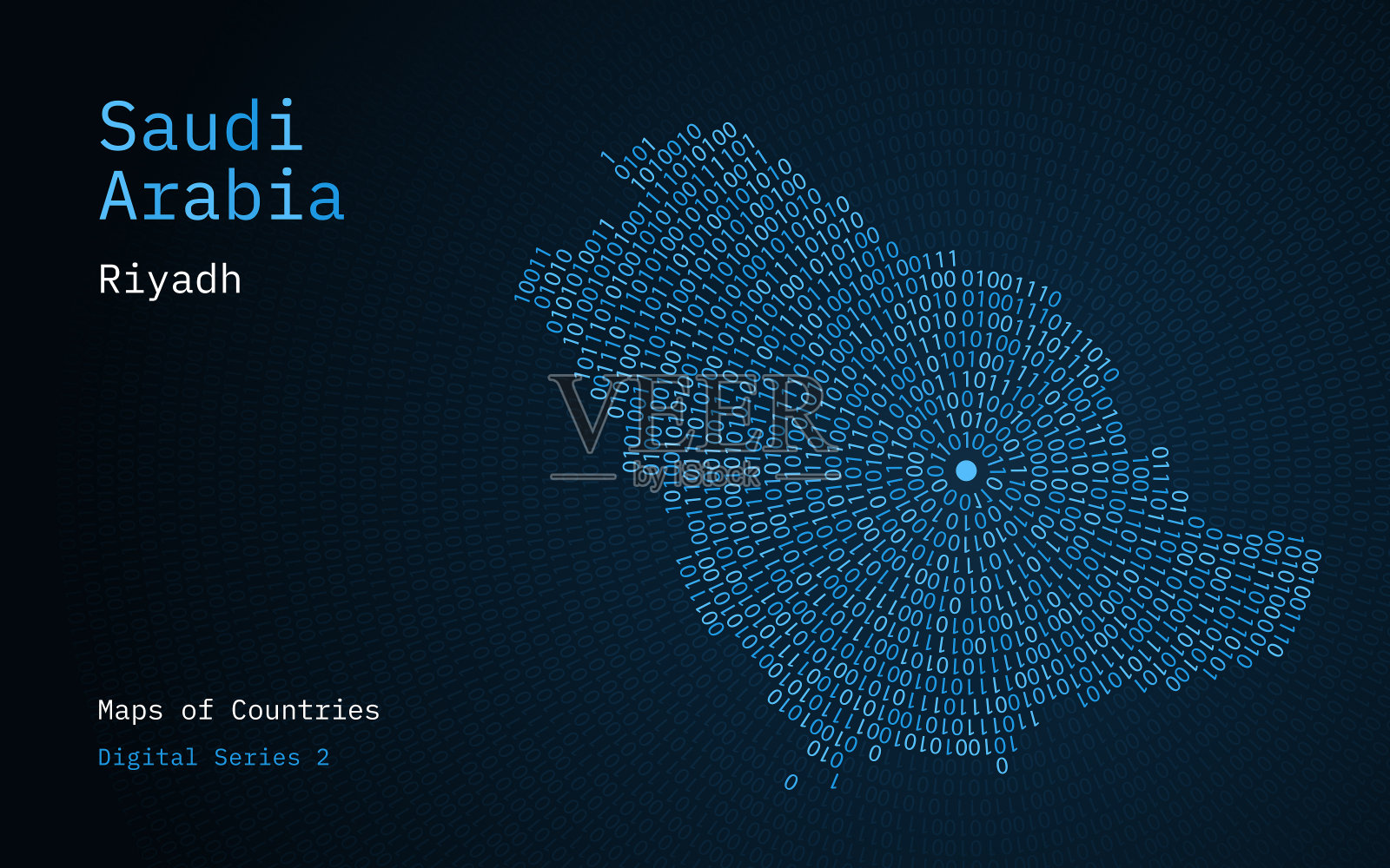 沙特阿拉伯的一幅地图，用0和1画成圆形。首都利雅得位于圆圈的中心插画图片素材