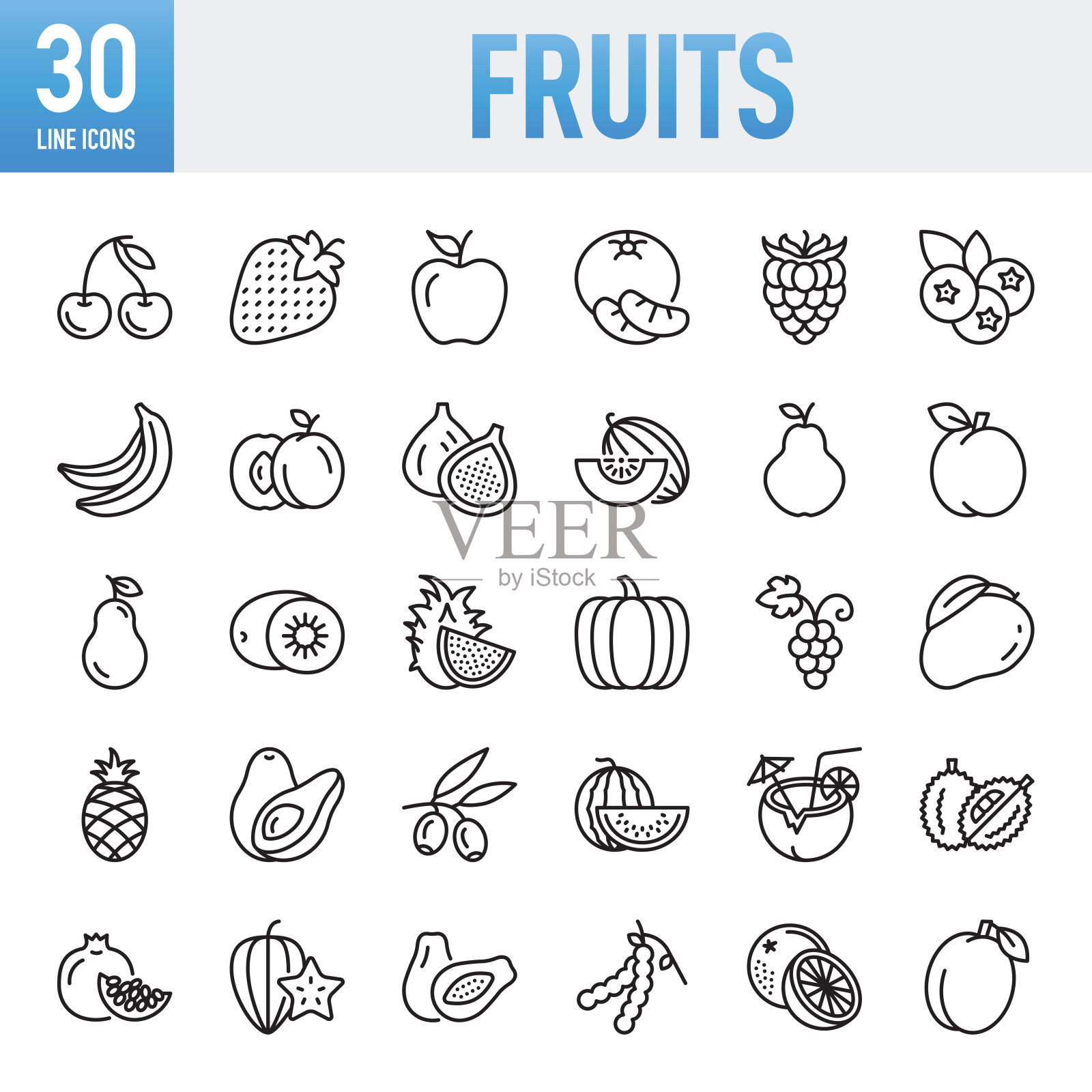 水果-细线矢量图标集。像素完美。移动和Web。该套包含图标:水果，健康饮食，健康生活方式，草莓，苹果-水果，橙子-水果，葡萄，蓝莓，鳄梨，芒果水果，健康饮食，健康生活方式插画图片素材