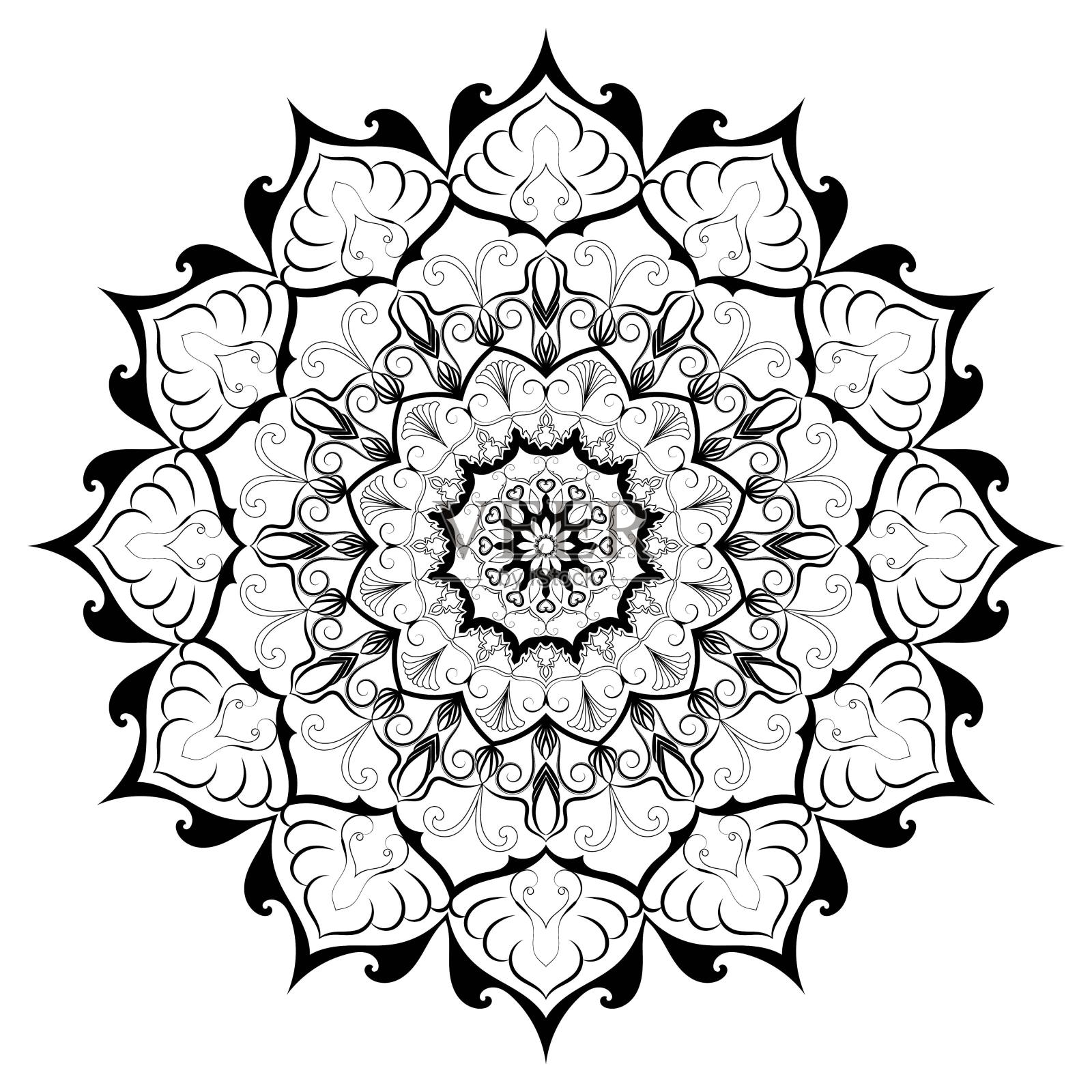 花曼荼罗。复古的装饰元素。东方图案，矢量插图。伊斯兰，阿拉伯，印度，摩洛哥，西班牙，土耳其，巴基斯坦，中国，神秘主义，奥斯曼图案。涂色书页插画图片素材