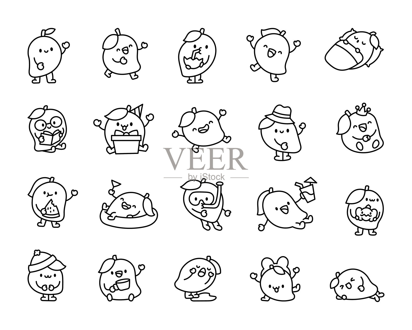 芒果的性格。着色页面。有趣的水果英雄。手绘风格。矢量图。设计元素的集合。插画图片素材