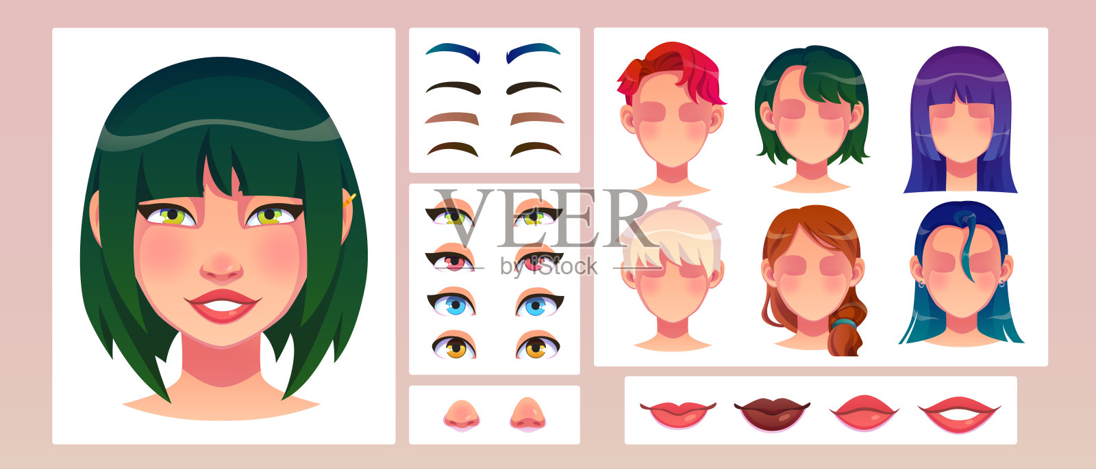年轻女子的脸构造集插画图片素材
