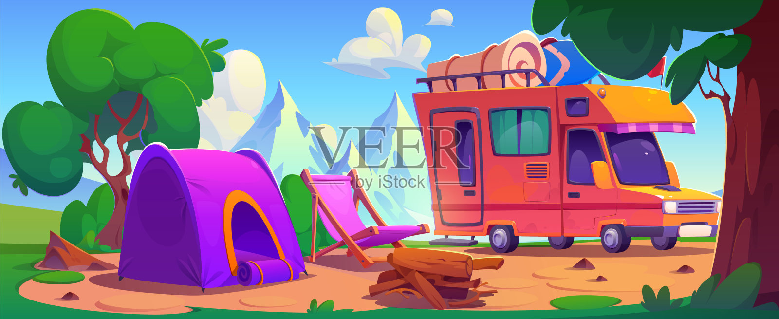 露营地，有露营车，晚上有篝火插画图片素材