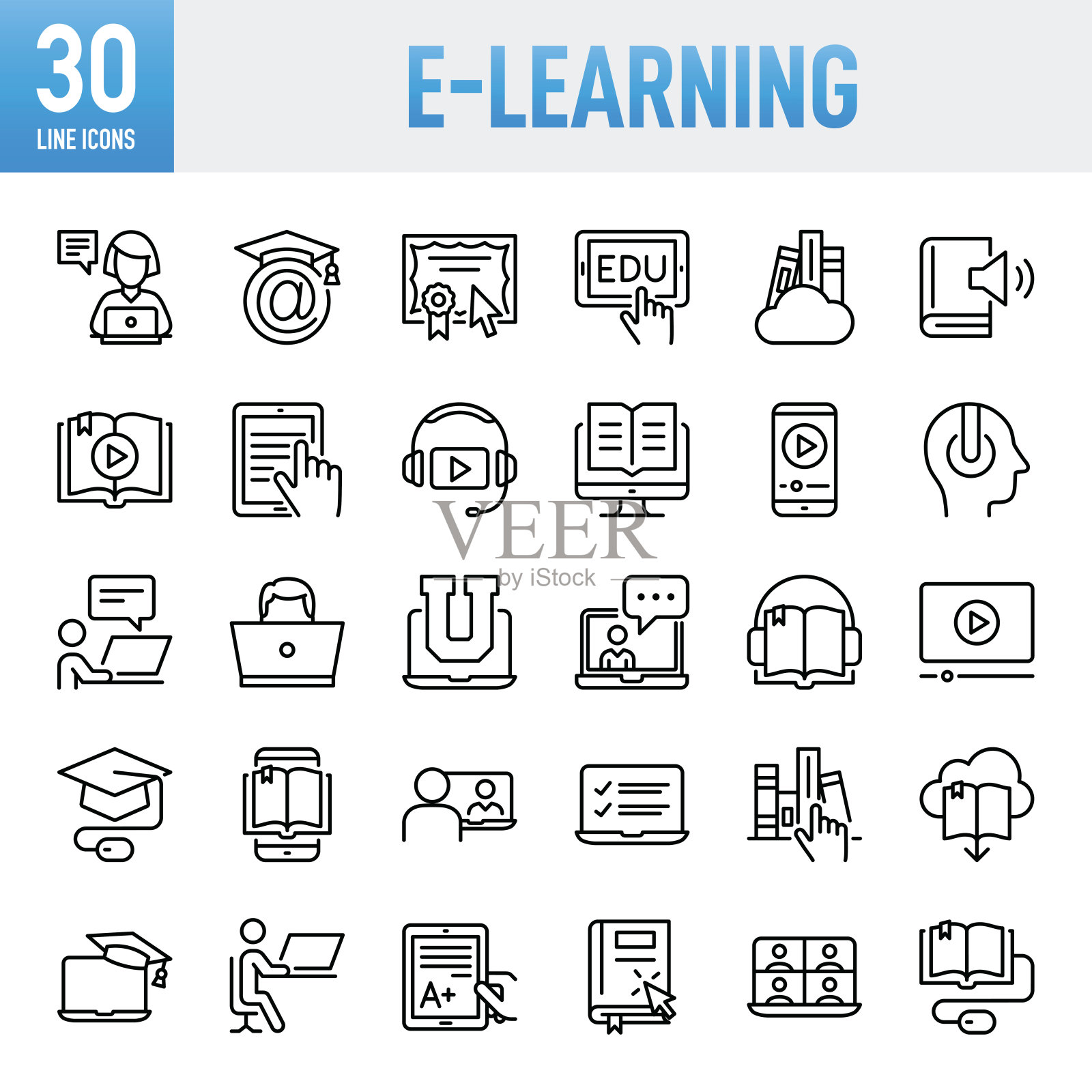 电子学习-细线矢量图标集。像素完美。移动和Web。该套装包含以下图标:电子学习、教育、教育考试、教育培训班、学习、教学、学生、学习、互联网、大学、图书馆插画图片素材