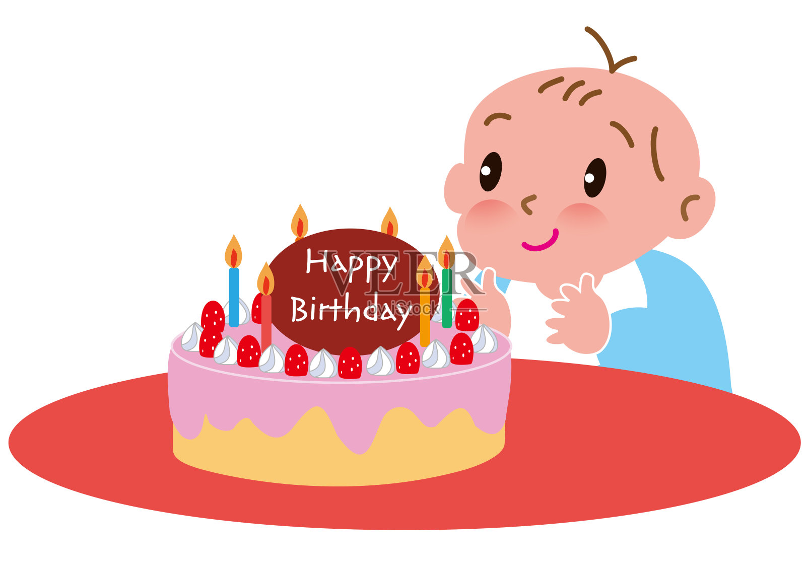 宝宝开心的吃着生日蛋糕插画图片素材