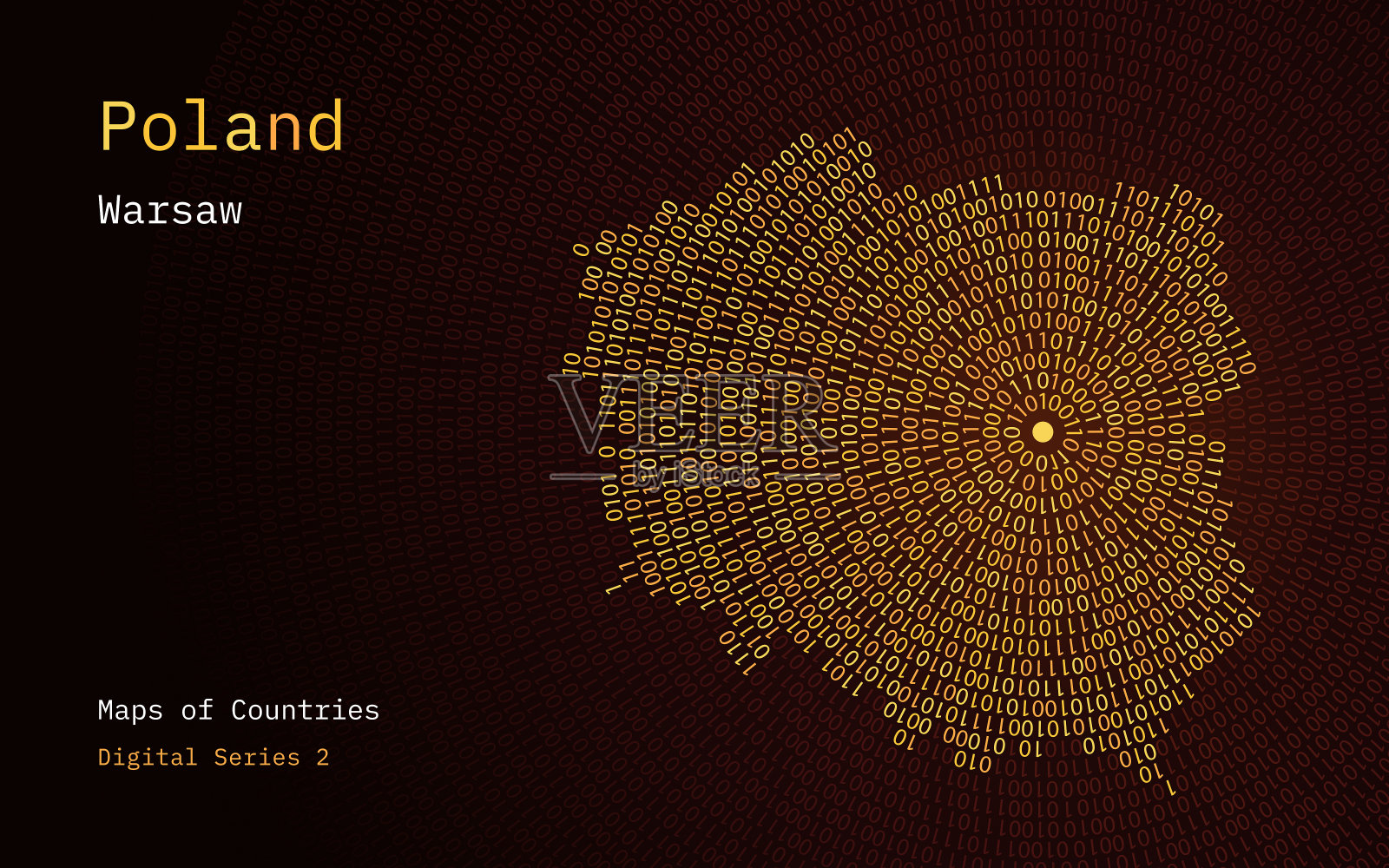 波兰地图波兰地图，用0和1画成圆形首都华沙位于圆圈的中心插画图片素材