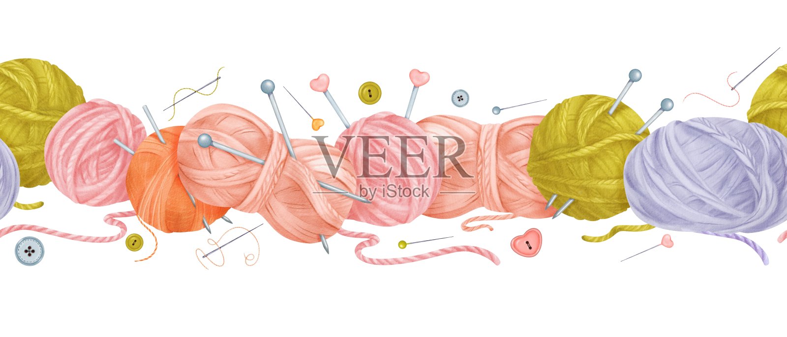 无缝边界设有羊毛串线，针，线，纽扣，棉花花，针织针，和大头针。适合手工制作爱好者、编织网站或diy主题项目。水彩插图。插画图片素材