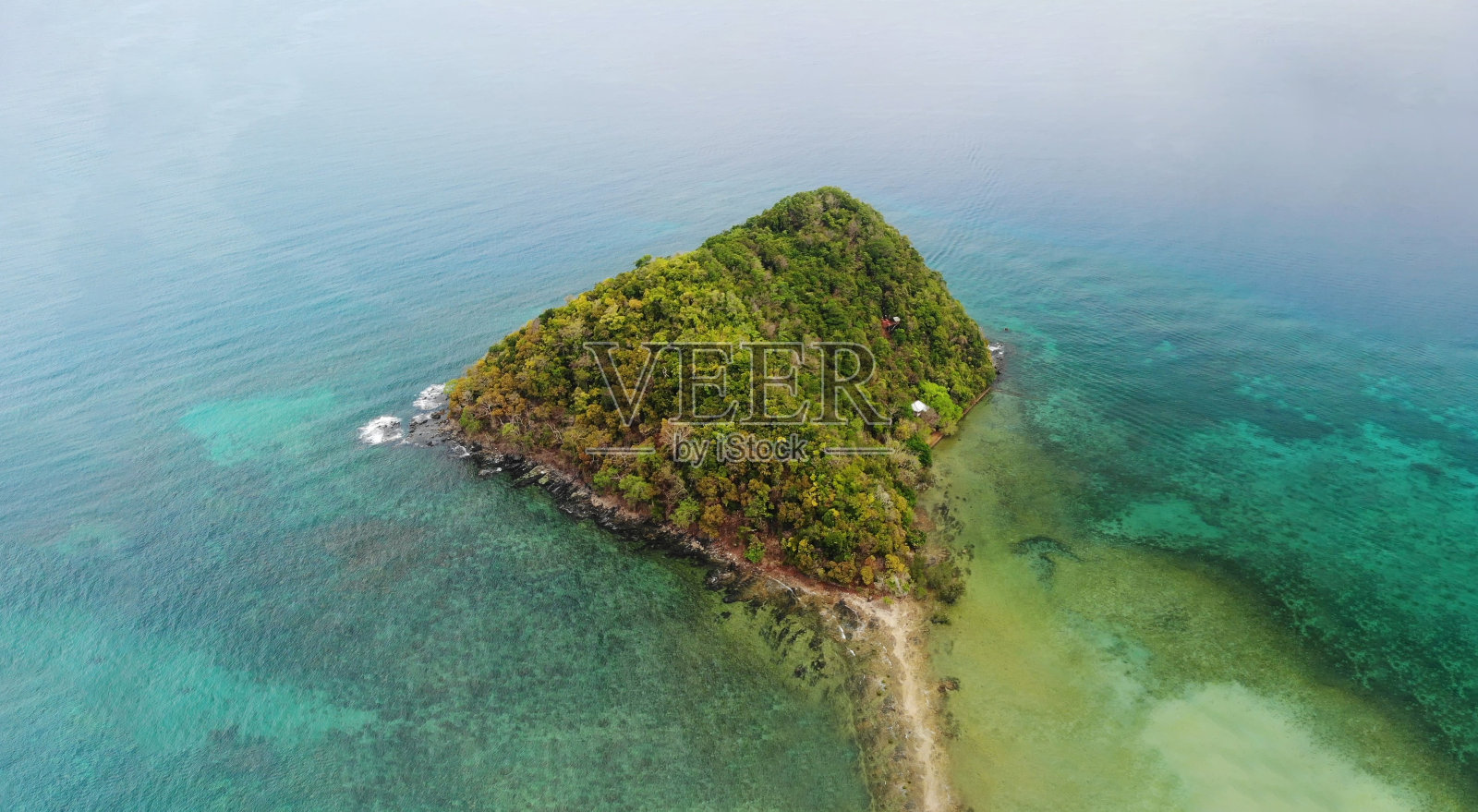 鸟瞰图，热带小岛被树木覆盖照片摄影图片
