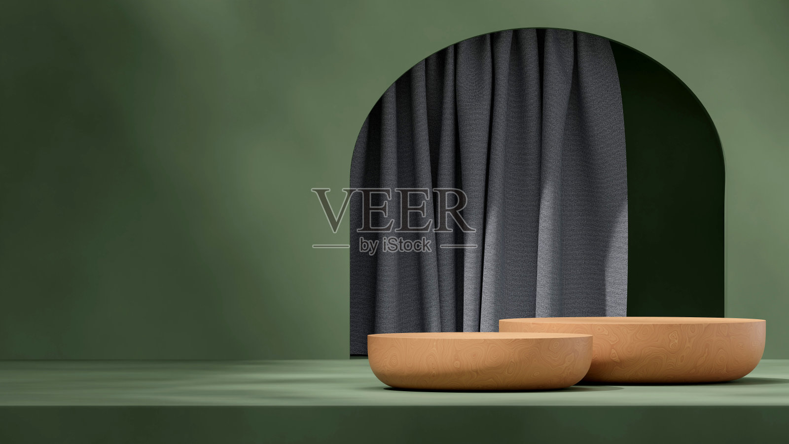 与窗帘，3d图像渲染空白模型木平台在景观照片摄影图片