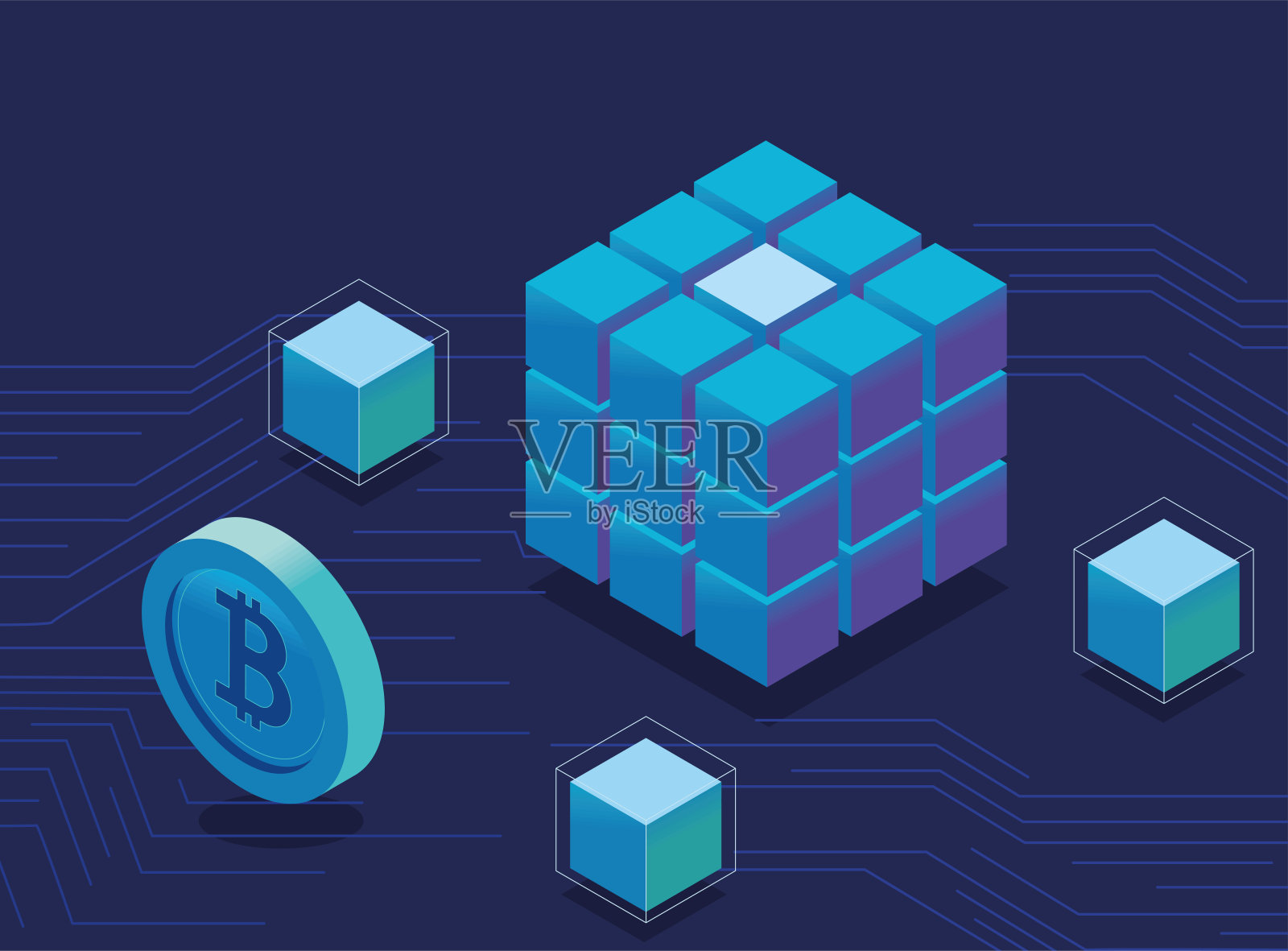 比特币区块链技术，矢量风格插画图片素材