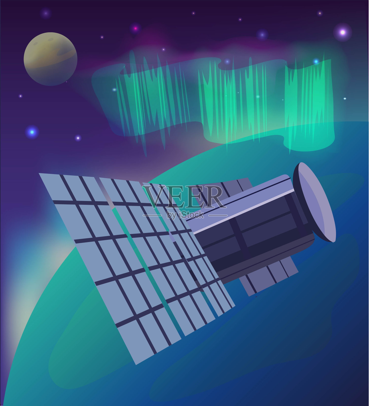 矢量插图空间，星星，卫星，行星和北极光。插画图片素材