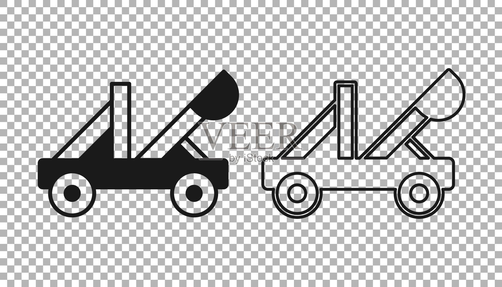 黑色古老的中世纪木制弹弓射击石头图标隔离在透明的背景。向量插画图片素材