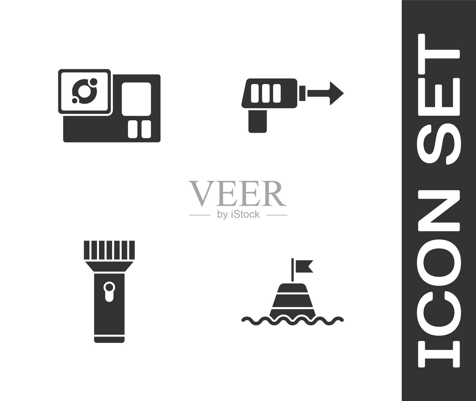 在海上设置浮动浮标，动作相机，手电筒和钓鱼鱼叉图标。向量插画图片素材