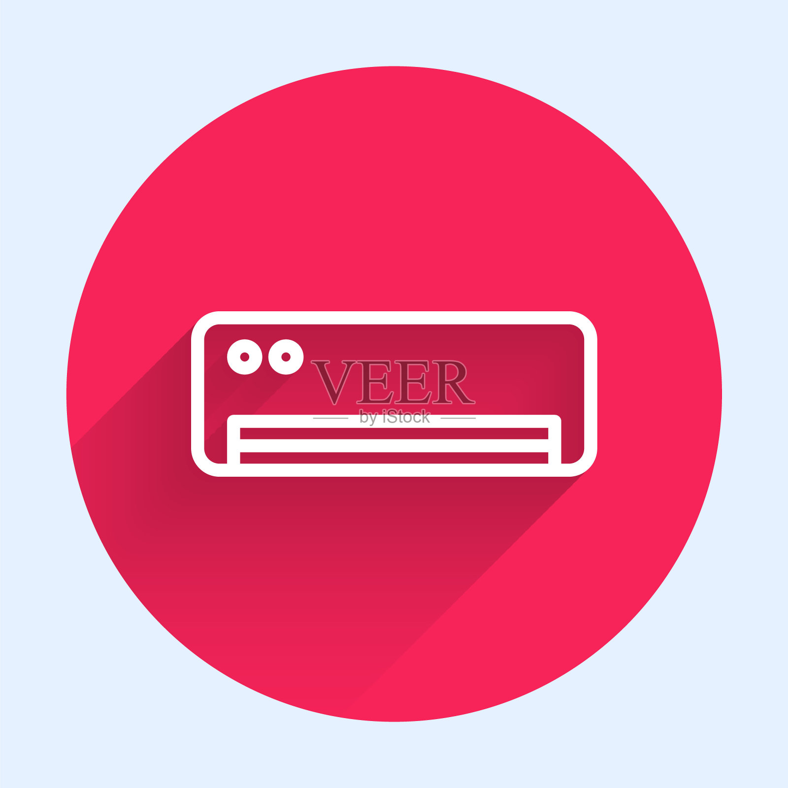 白线空调图标与长阴影隔离。分体式空调。冷热气候控制系统。红色圆圈按钮。向量插画图片素材